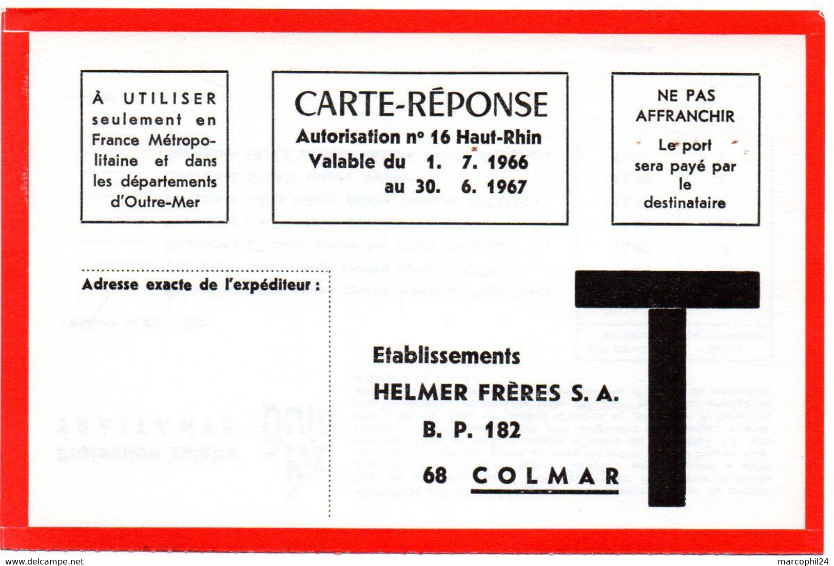 RHIN / Haut - Dépt N° 68 = COLMAR 1967 = CARTE REPONSE T  ' HELMER FRERES + Protection Solaire PIZ BUIN ' - Cartes/Enveloppes Réponse T