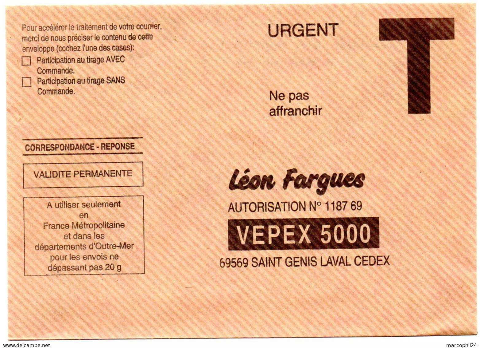 RHONE - Dépt N° 69 = St GENIS LAVAL = CORRESPONDANCE REPONSE T  ' LEON FARGUES / VEPEX 5000 ' - Cartes/Enveloppes Réponse T