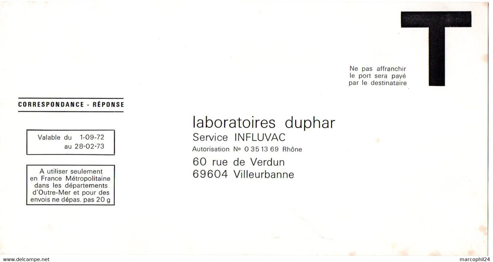 RHONE - Dépt N° 69 = VILLEURBANNE 1973 = CORRESPONDANCE REPONSE T  ' LABORATOIRES DUPHAR + Vaccin INFLUVAC ' - Cartas/Sobre De Respuesta T