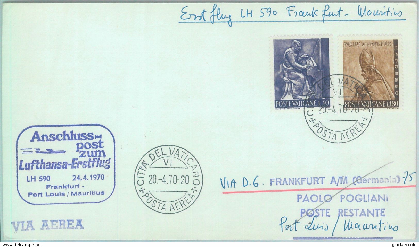 83099 - VATICANO - Postal History - FIRST FLIGHT:  Frankfurt - Mauritius 1970 - Autres & Non Classés