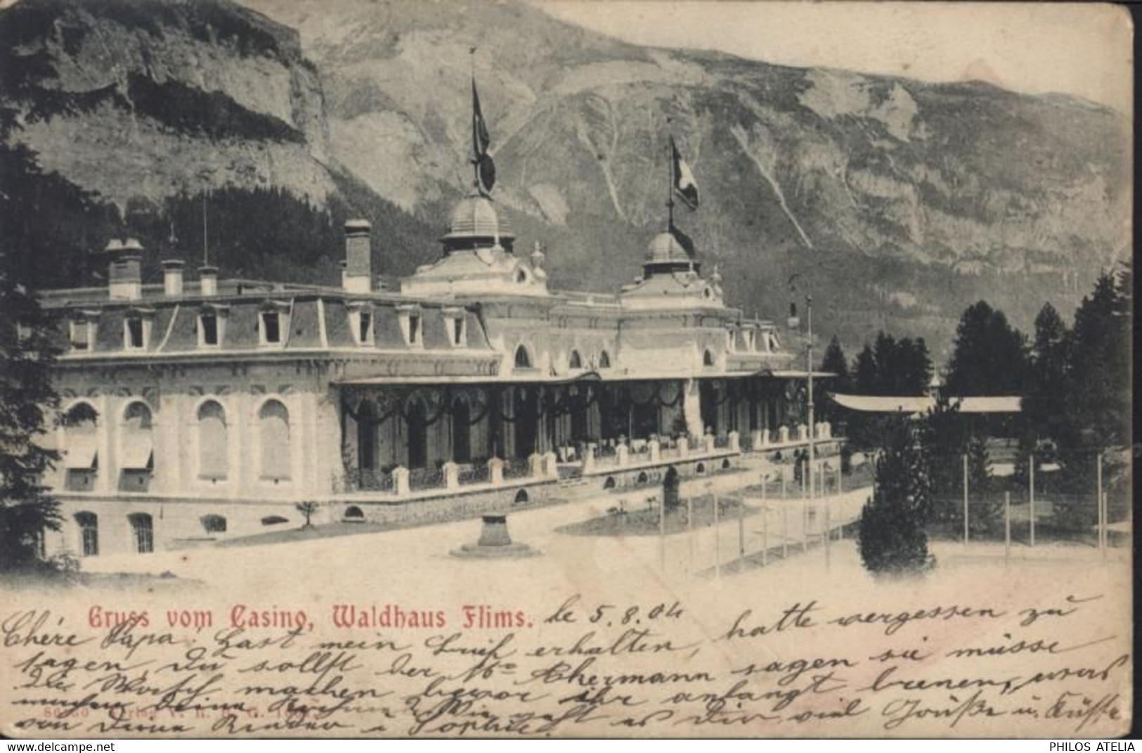 Suisse CPA CP Gruss Vom Casino Waldhaus Flims 5 8 1904 YT N°66 CAD Waldhaus Flims 5 VIII 1904 - Flims