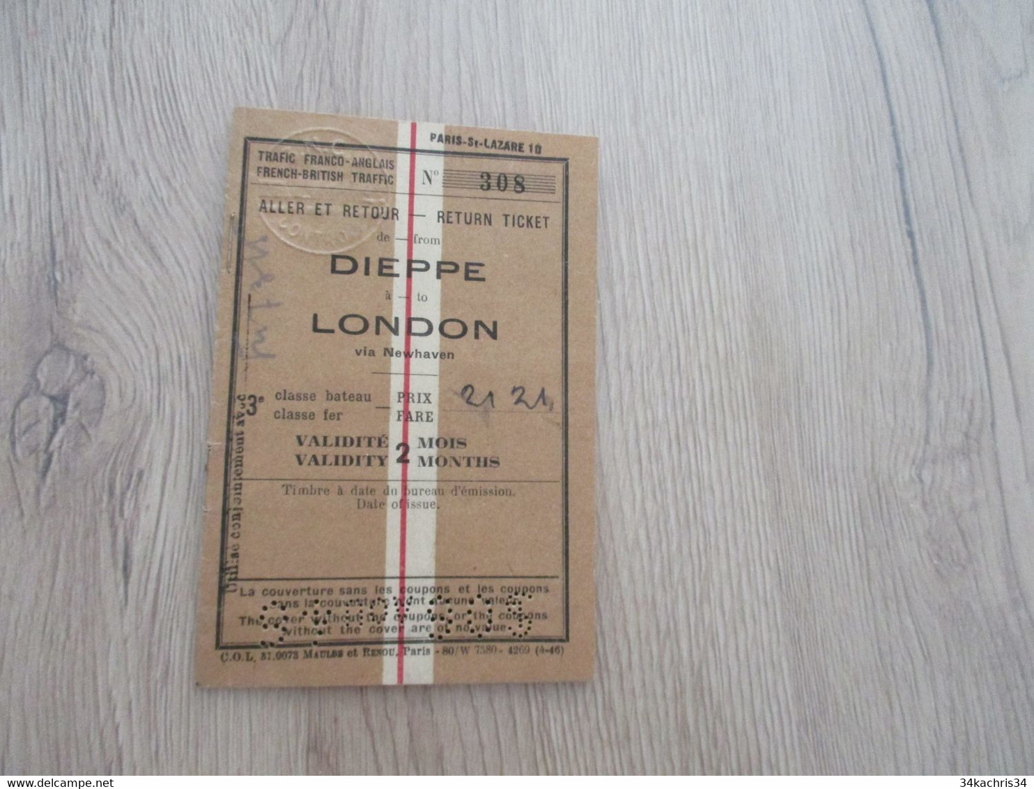 Dieppe LONDON Ticket Aller Retour Ancien Valable 2 Mois Pour Un Enfant - Europe