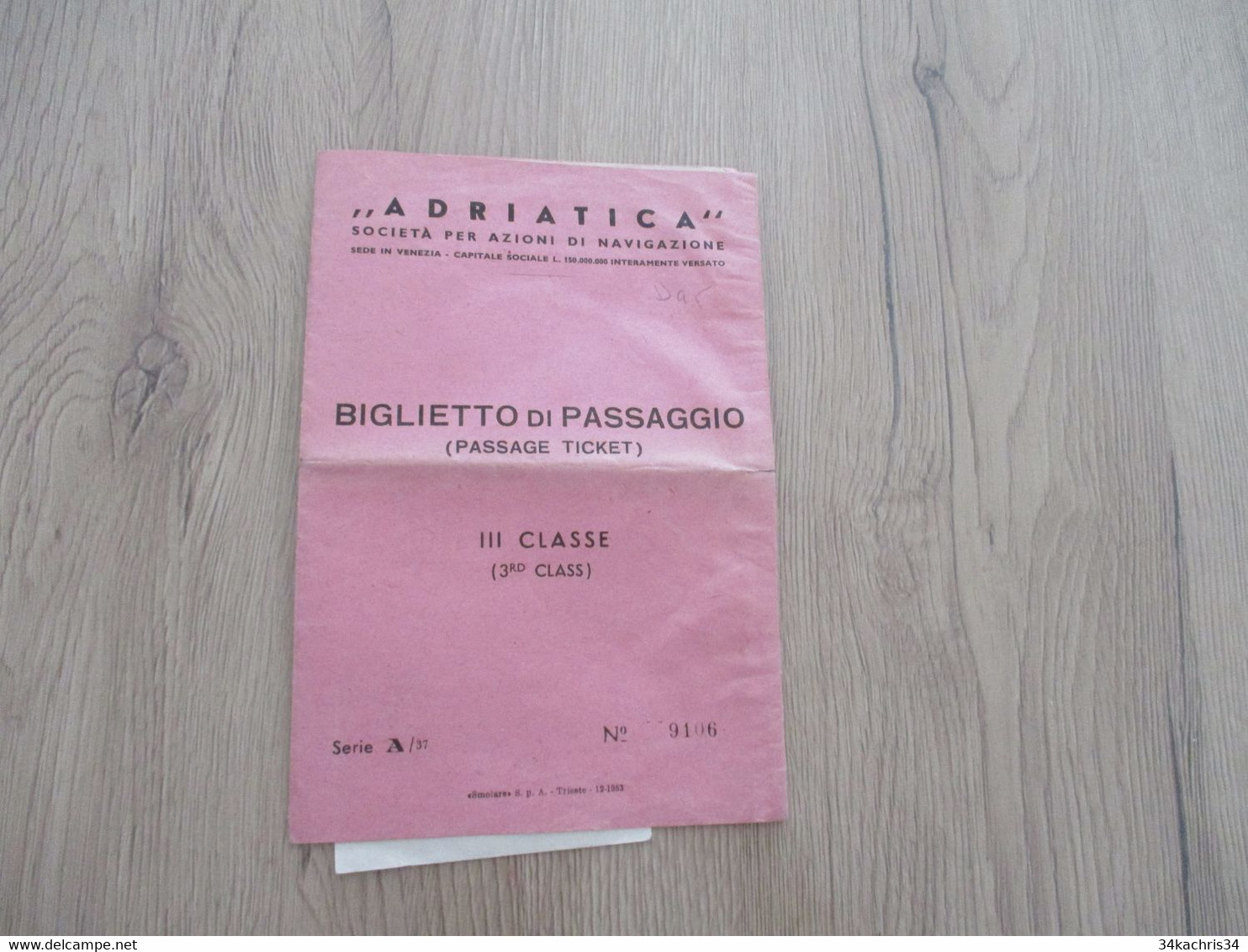 Billet De Passager Bibglietto Passaggio Adritica Italie 1961 1 TP Fiscal Egypte Napoli/Alessandria - Europe