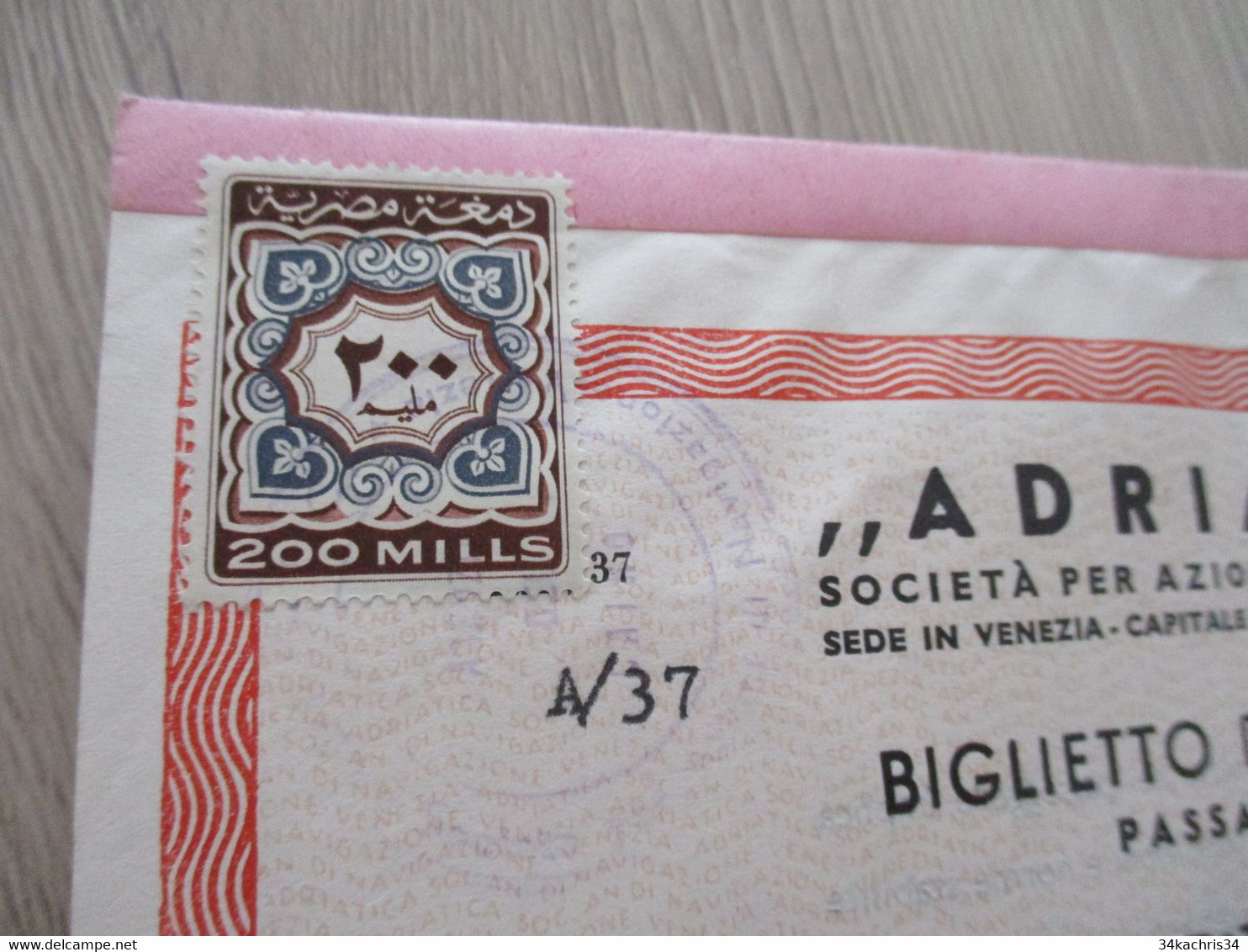 Billet De Passager Bibglietto Passaggio Adritica Italie 1961 1 TP Fiscal Egypte Napoli/Alessandria - Europe