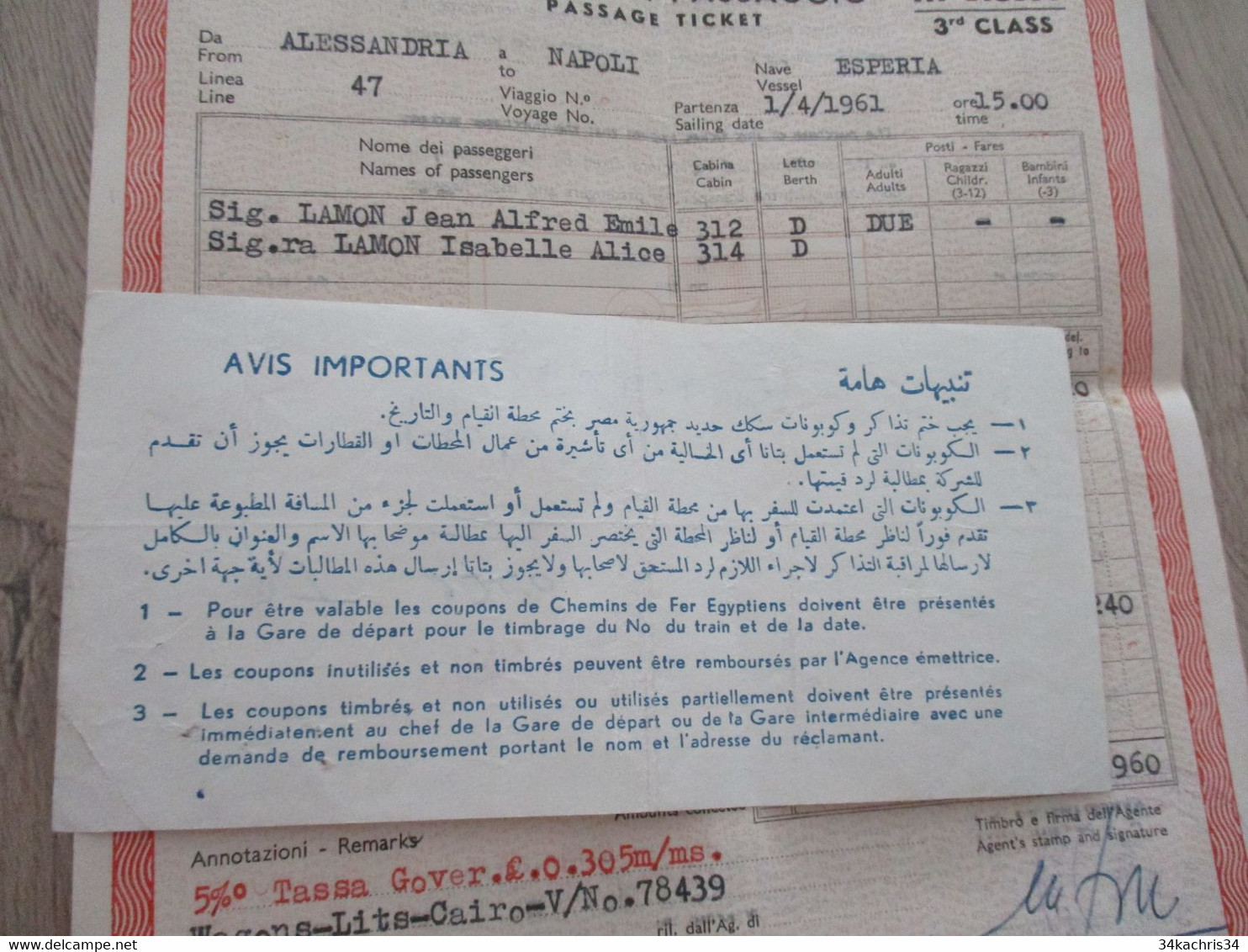 Billet De Passager Bibglietto Passaggio Adritica Italie 1961 1 TP Fiscal Egypte Napoli/Alessandria - Europa