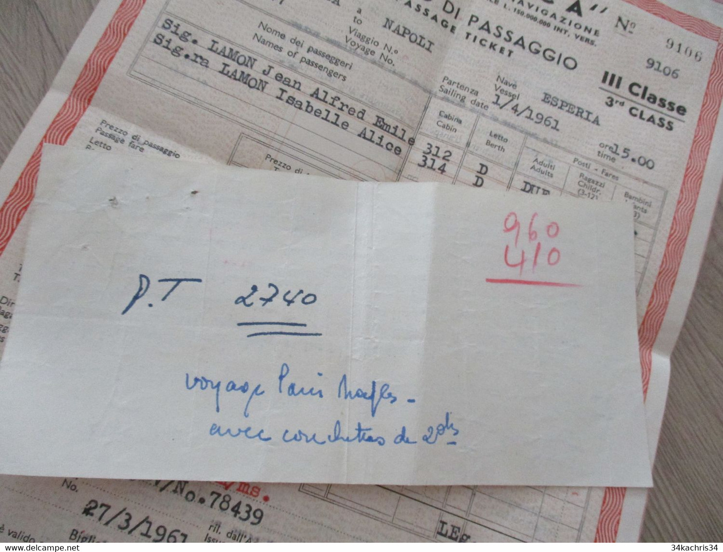 Billet De Passager Bibglietto Passaggio Adritica Italie 1961 1 TP Fiscal Egypte Napoli/Alessandria - Europa