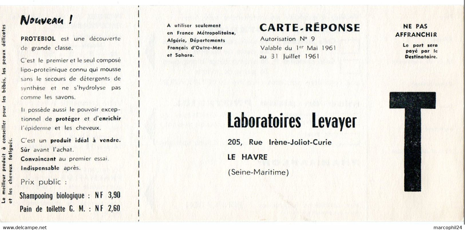 SEINE MARITIME - Dépt N° 76 = LE HAVRE 1961 = CARTE REPONSE T  ' LABORATOIRES LEVAYER / PROTEBIOL ' - Cards/T Return Covers