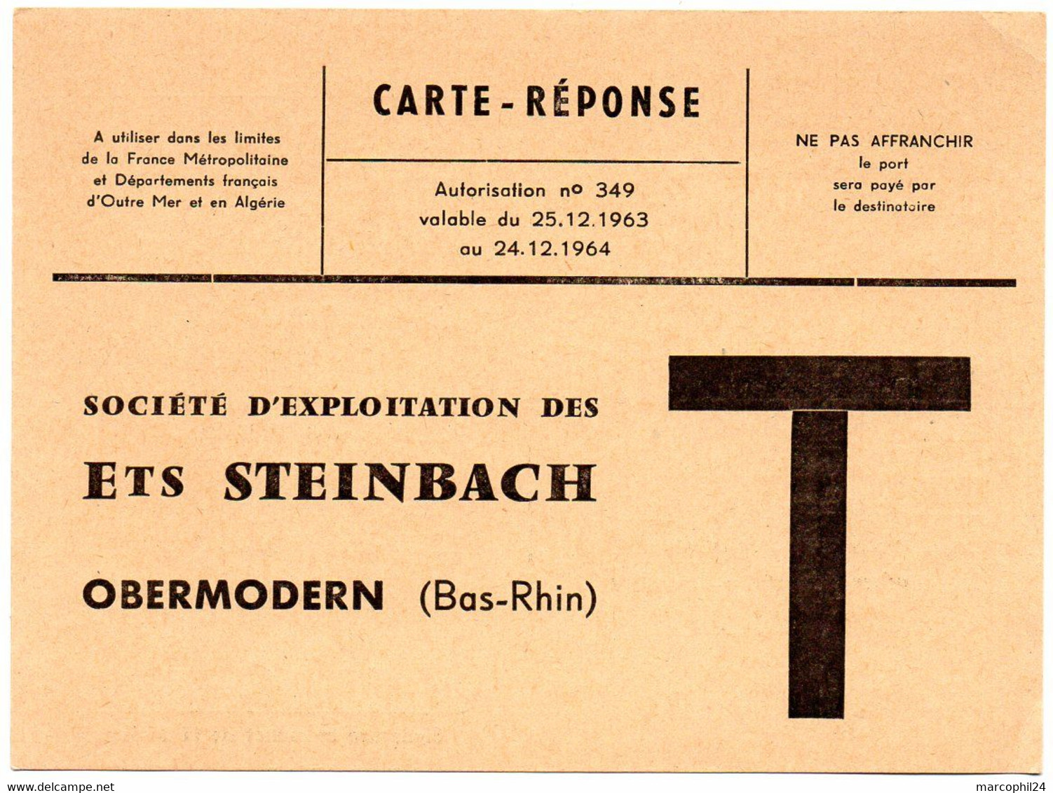 RHIN / Bas - Dépt N° 67 = OBERMODERN 1964 = CARTE REPONSE T  ' Ets STEINBACH ' - Cartas/Sobre De Respuesta T