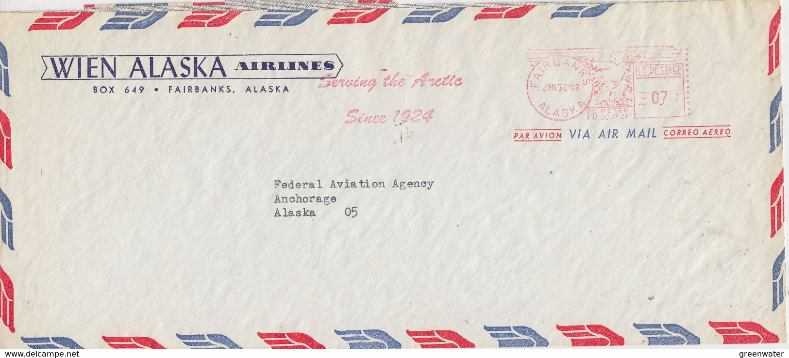 Alaska Fairbanks Cover Wien Alaska Airlines Fairbanks Ca JAN 30 1959 (FB151C) - Vuelos Polares