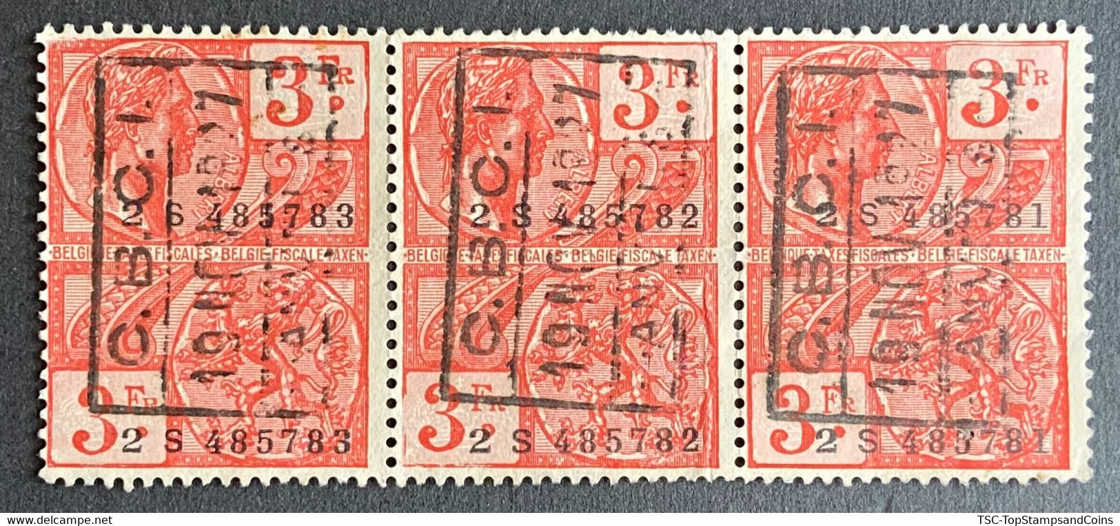 BELTF1925-16Ux3h - Revenue Stamp - King Albert I And Lion - Stripe Of 3 X 3 F Used Stamps - Belgium - 1925 - Stamps