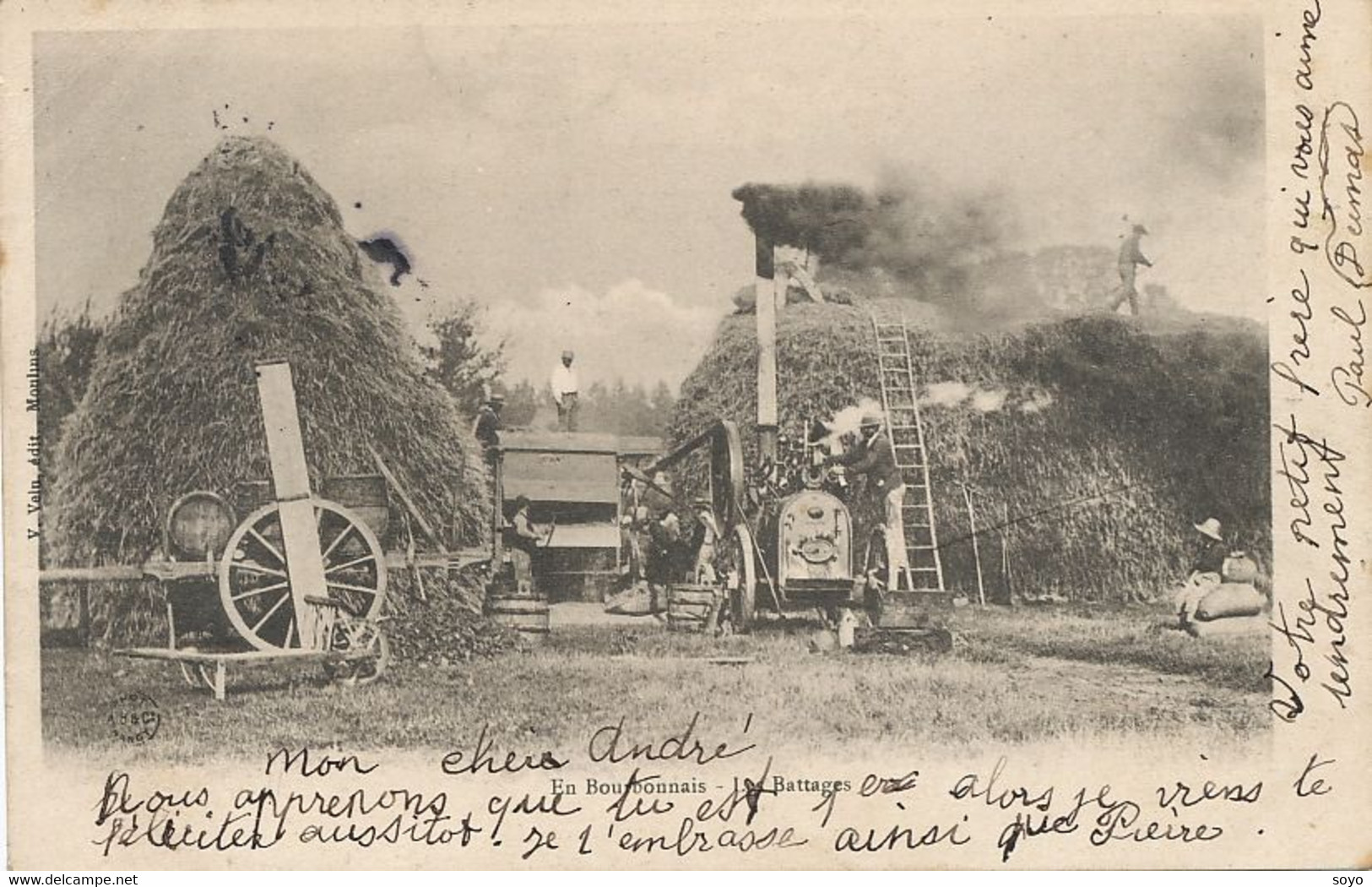 Scene De Battage à Vapeur Batteuse Bourbonnais  6 Timbres Type Blanc Au Dos - Trattori