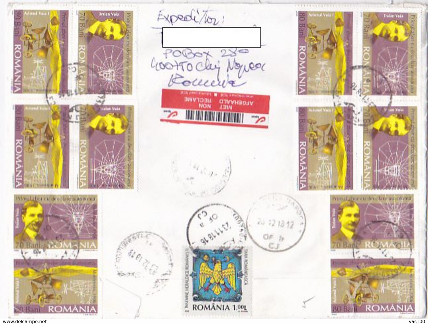 TRAIAN VUIA, AVIATION PIONEER, PLANE, COAT OF ARMS, STAMPS ON REGISTERED COVER, 2018, ROMANIA - Lettres & Documents