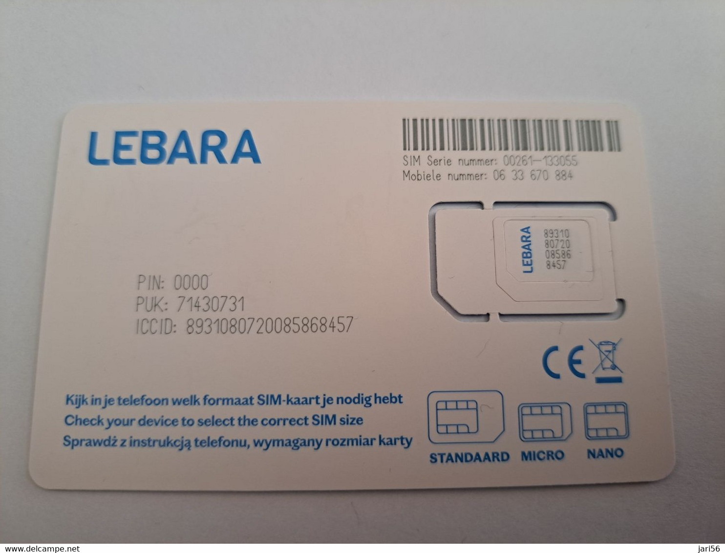 NETHERLANDS  GSM /SIM CARD LEBARA BLUE  /  MINT   ** 10770** - Publiques