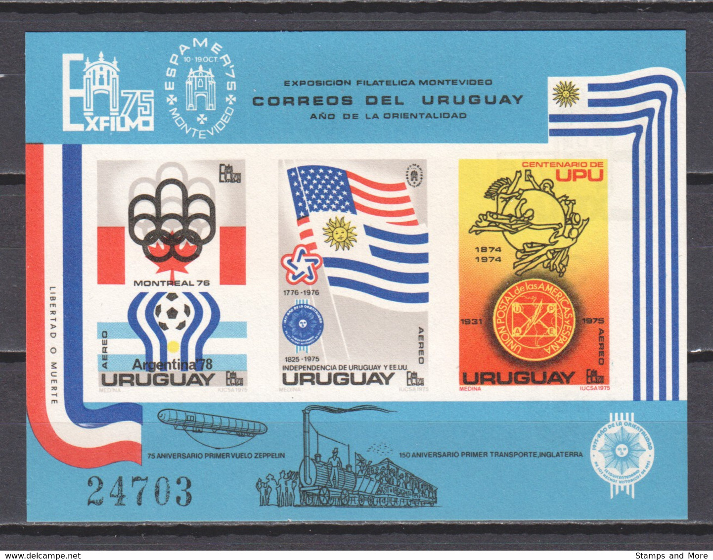 Uruguay 1975 Kleinbogen Mi 1369-1371 MNH ZEPPELIN - TRAIN - UPU - SOCCER - Uruguay