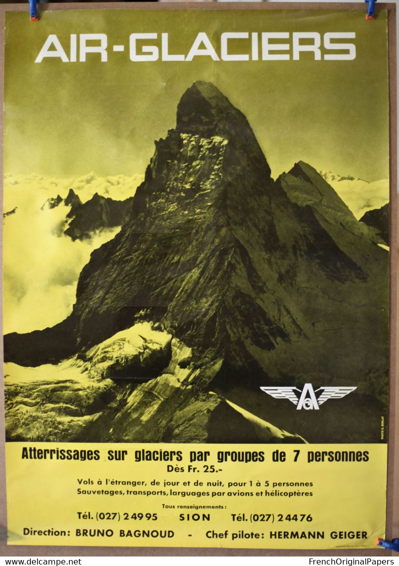 SION / Valais - AIR GLACIERS Affiche Originale 49x69cm - Aviation Hélicoptère Bruno Bagnoud Hermann Geiger Cervin Alpes - Posters