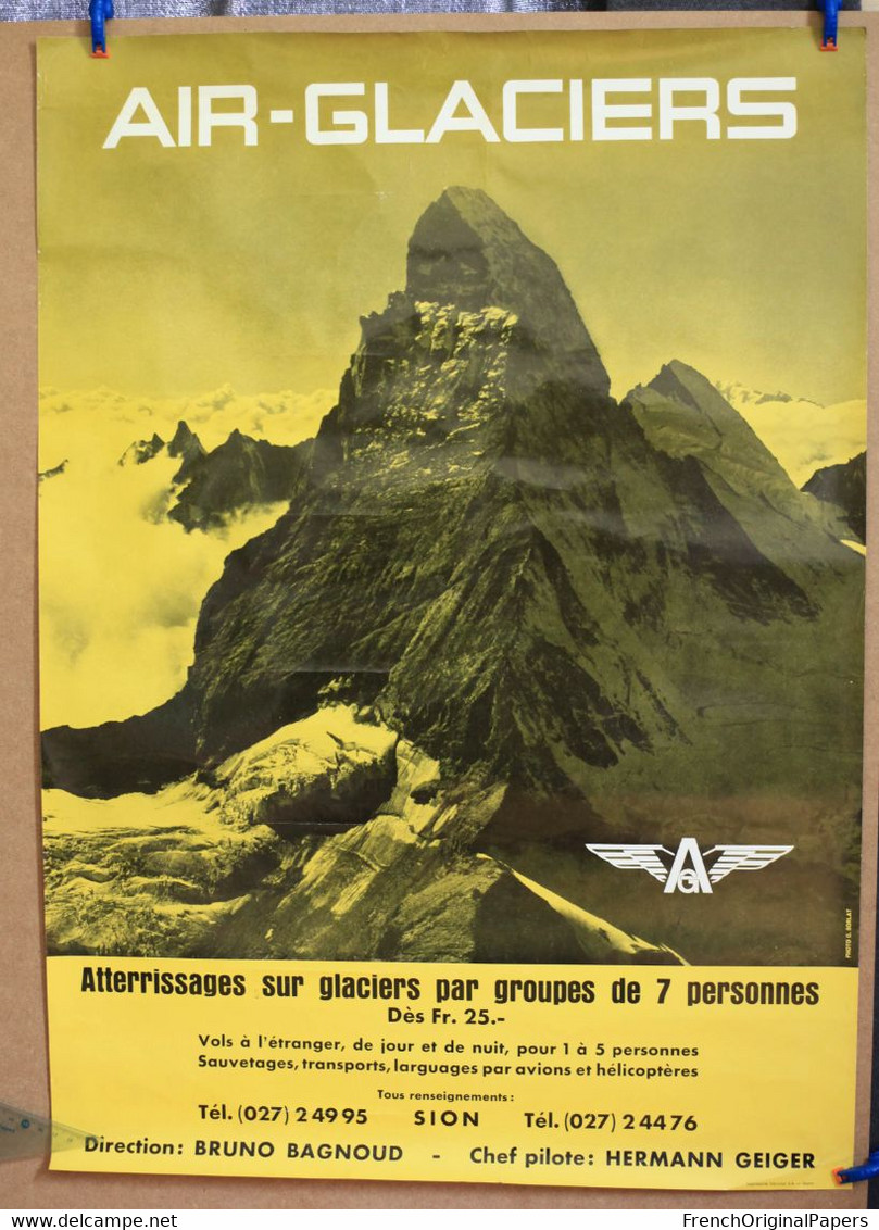 SION / Valais - AIR GLACIERS Affiche Originale 49x69cm - Aviation Hélicoptère Bruno Bagnoud Hermann Geiger Cervin Alpes - Affiches