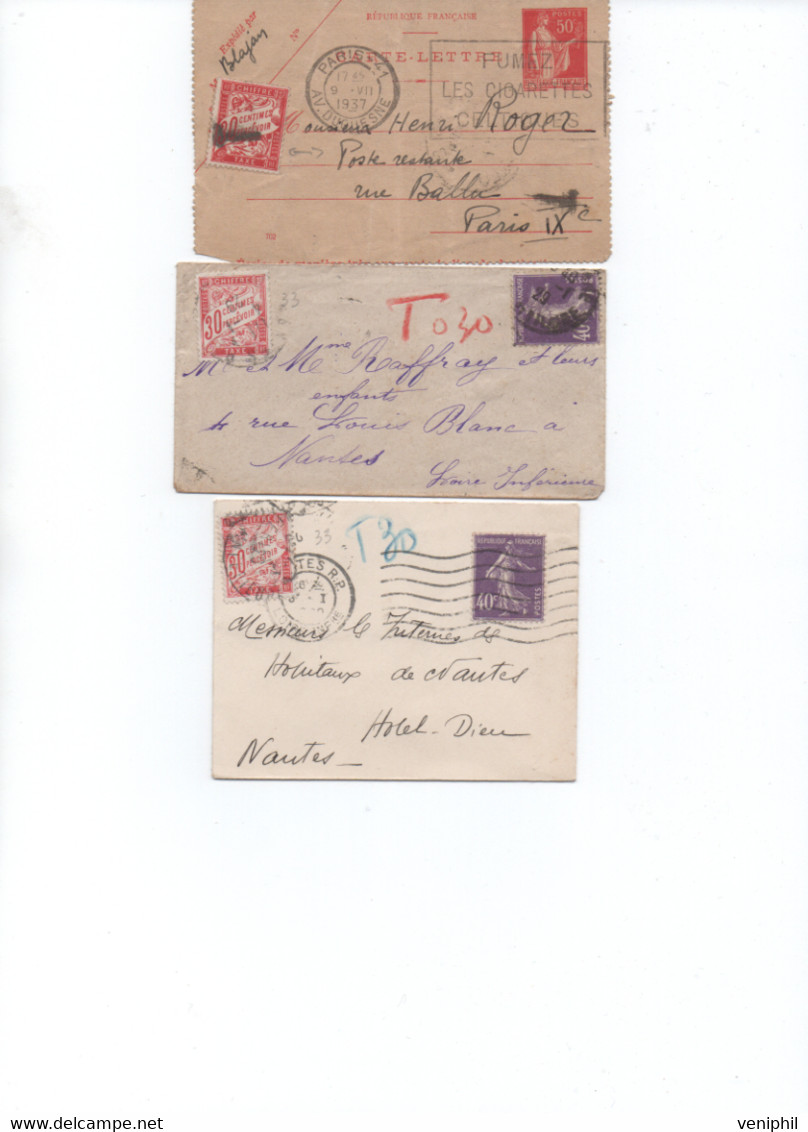 LOT DE 3 PETITES LETTRES AVEC TAXE N° 33 - ANNEE 1937-39 - 1960-.... Briefe & Dokumente