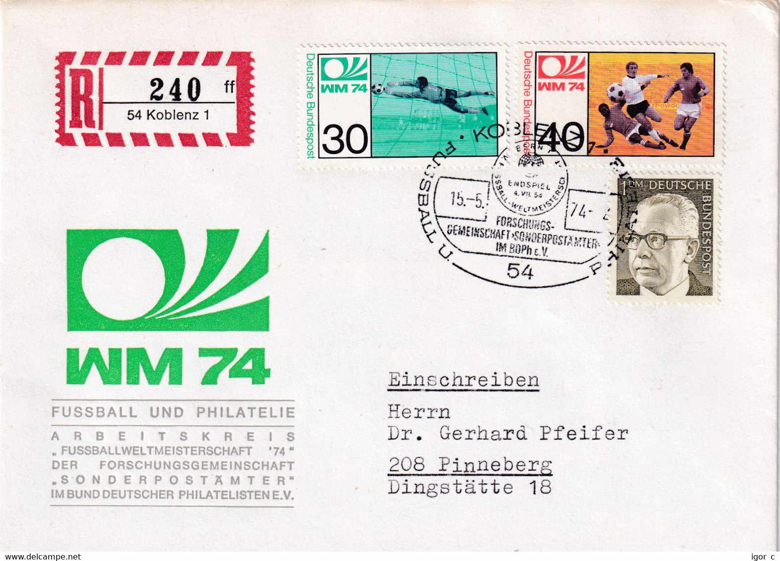 Germany 1974 Registered Cover; Football Soccer Fussball Calcio; Fifa World Cup 1954; Wunder Von Bern Endspiel Bern - 1954 – Svizzera