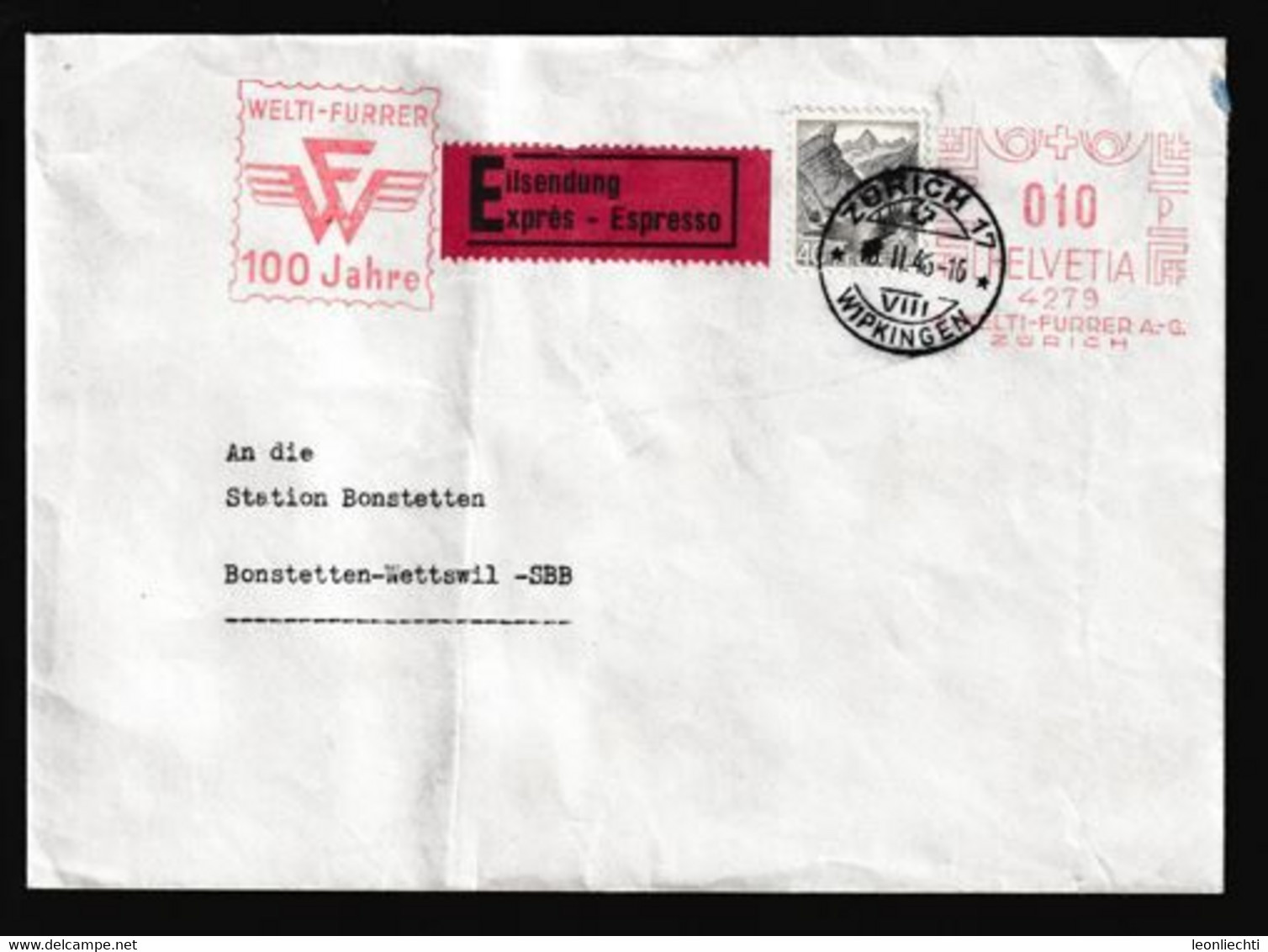 1936 / 1946 EXPRESS Brief  Mi: 306° Seealpsee Mit Säntis. ATM: 10 Rp.WELTI-FURRER A-G. ZÜRICH. "100 J. Welti Furrer " - Frankiermaschinen (FraMA)