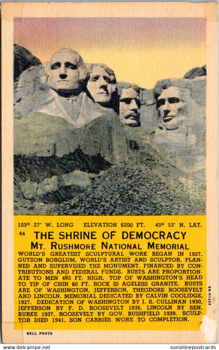 South Dakota Black Hills Mount Rushmore The Shrine Of Democracy 1959 Curteich - Mount Rushmore
