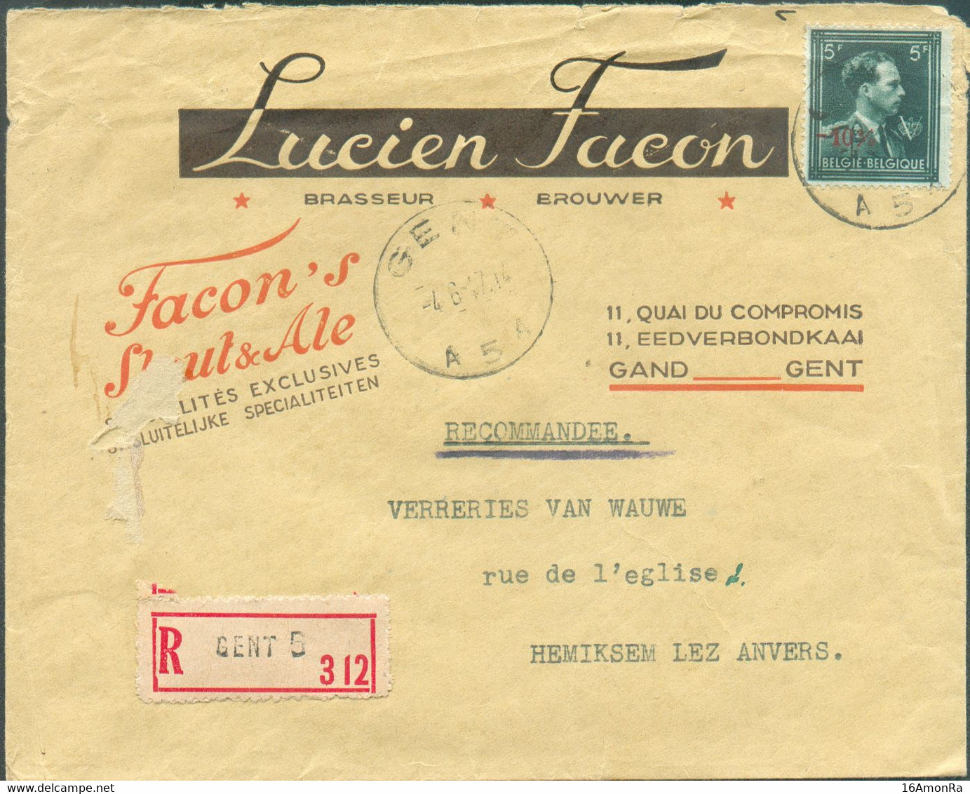 5Fr. Léopold III Col Ouvert V - 10% Obl. Sc GENT 5 Sur Lettre Recommandée Du 4-6-1946 De La Société LUCIEN FACON BRASSEU - 1946 -10%