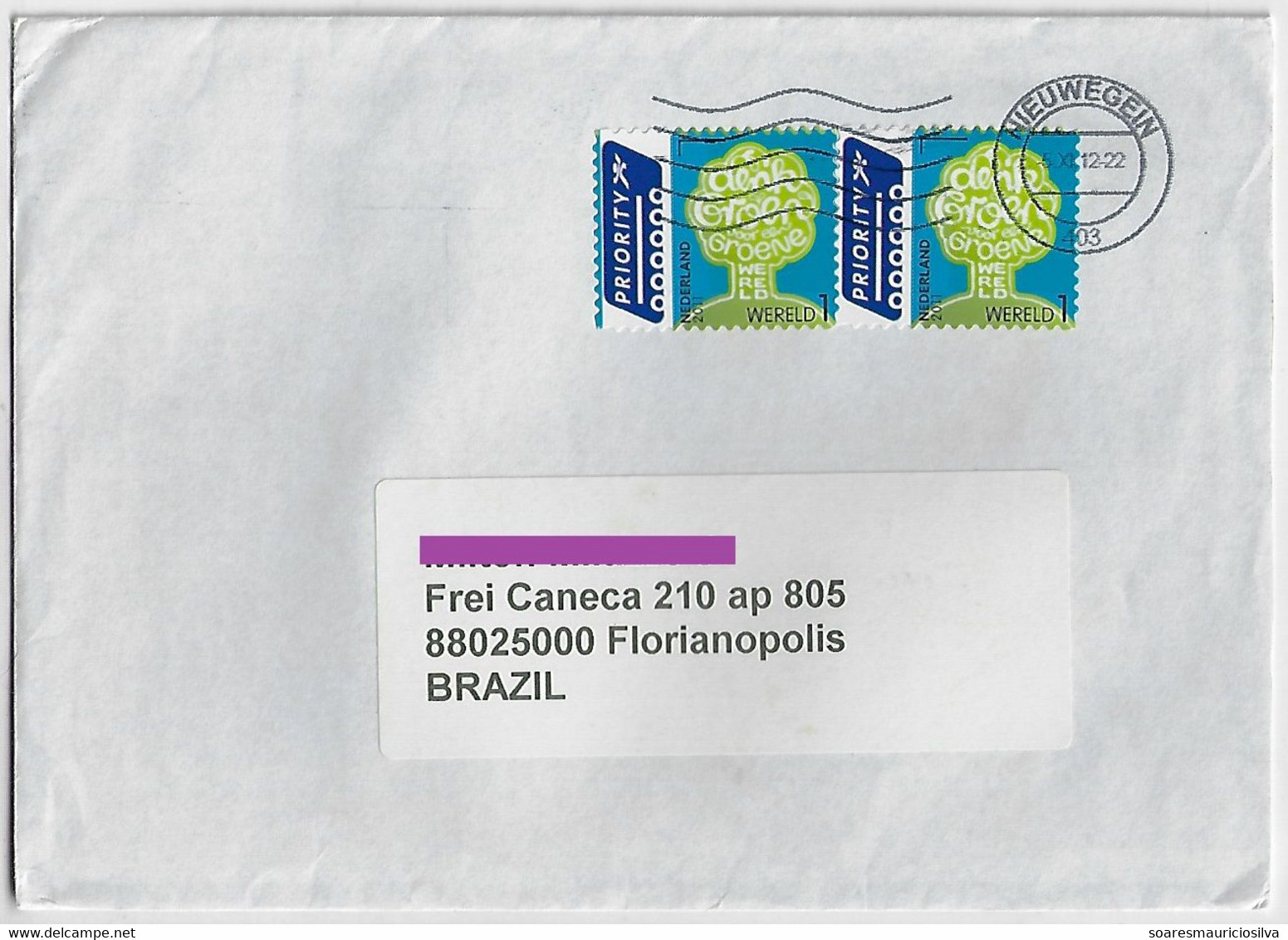 Netherlands 2012 Priority Cover From Nieuwegein To Florianópolis Brazil Stamp Tree Slogan think Green For A Green World - Brieven En Documenten