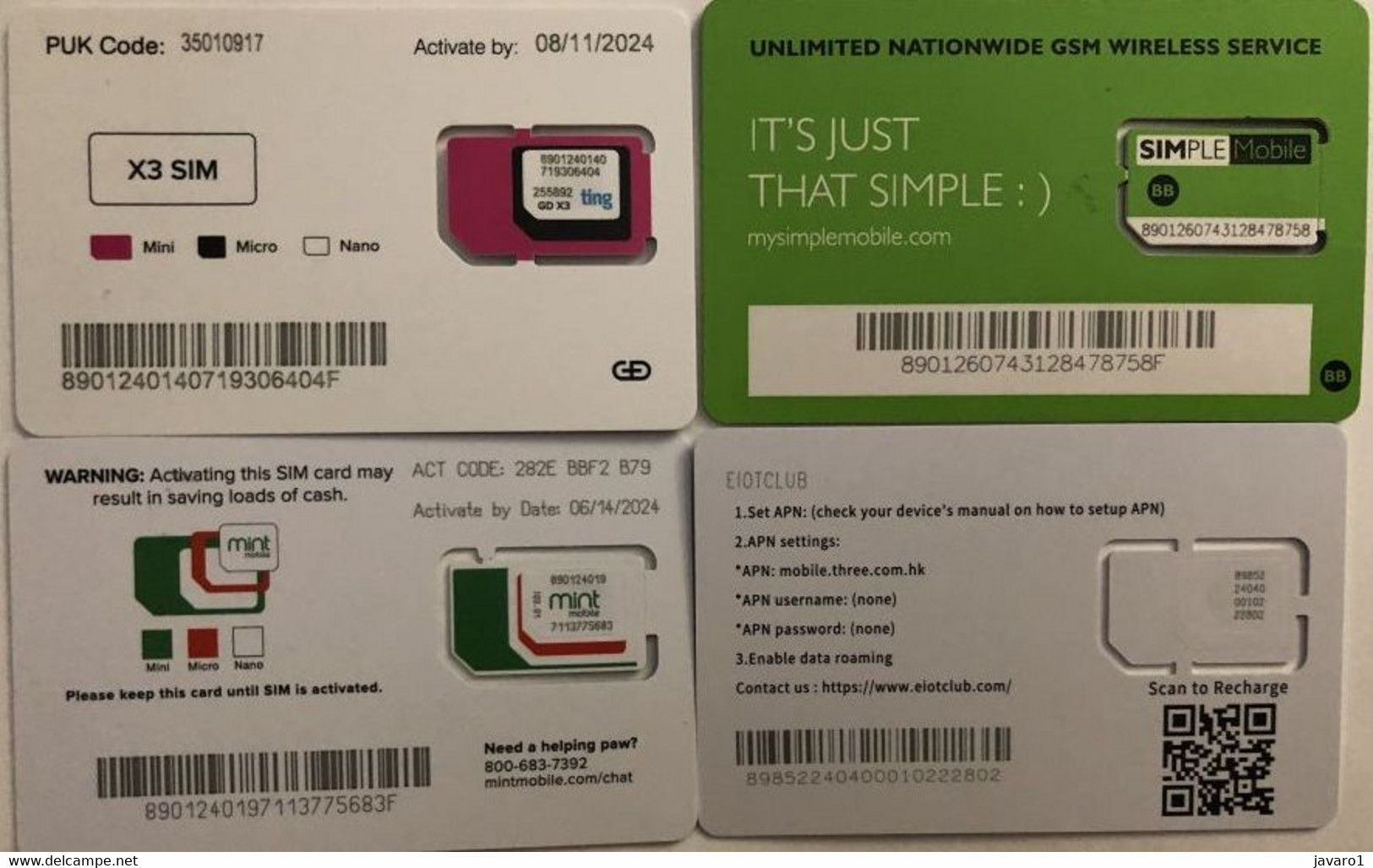 USA : GSM  SIM CARD  : 4 Cards  A Pictured (see Description)   MINT ( LOT E ) - [2] Chip Cards