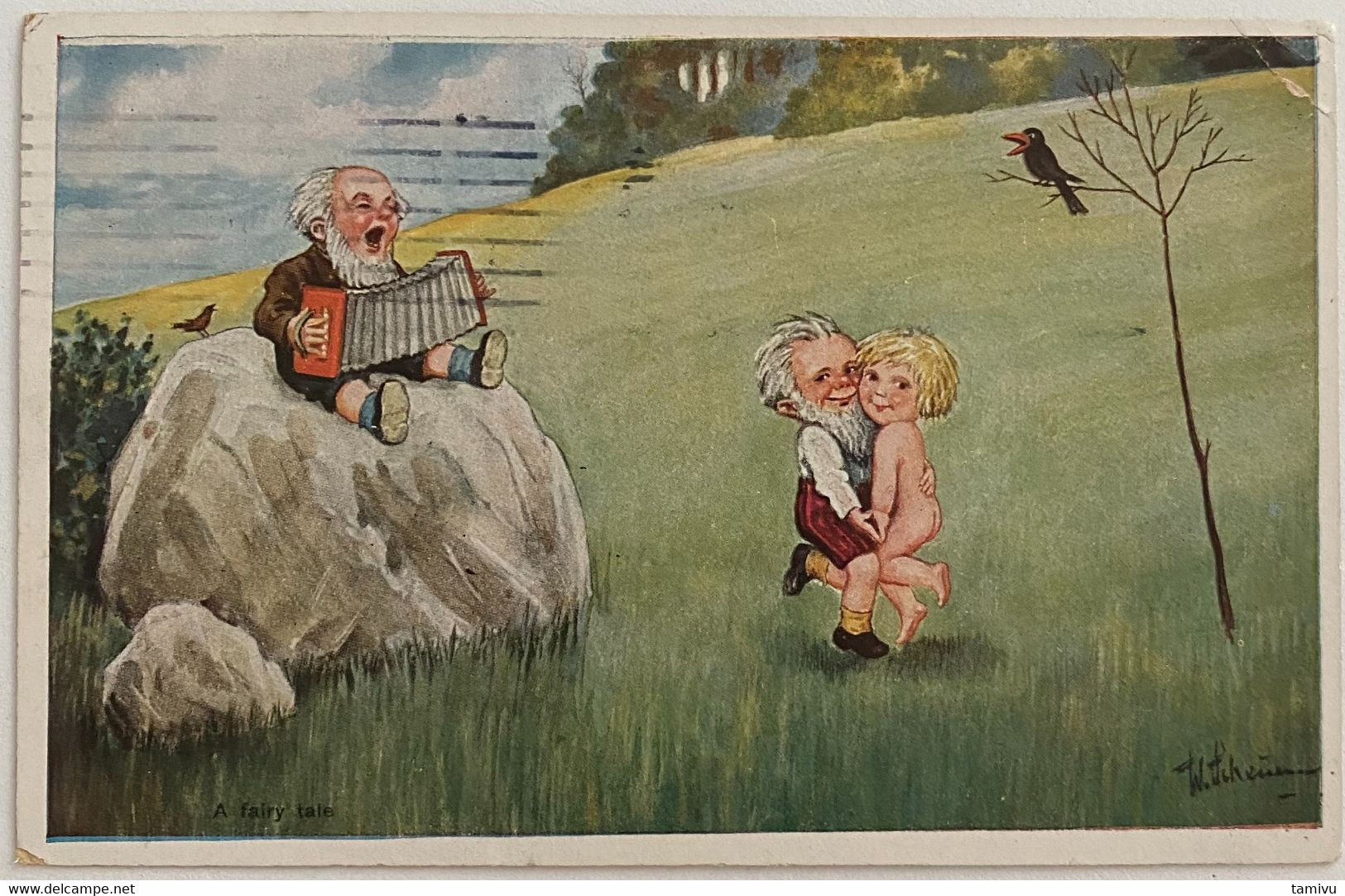 DWARFS ZWERG GNOME, SIGNED W. SCHEUERMANN A FAIRY TALE, MUSIC, ACCORDION, COUPLE, OLD POSTCARD 1923. - Scheuermann, Willi