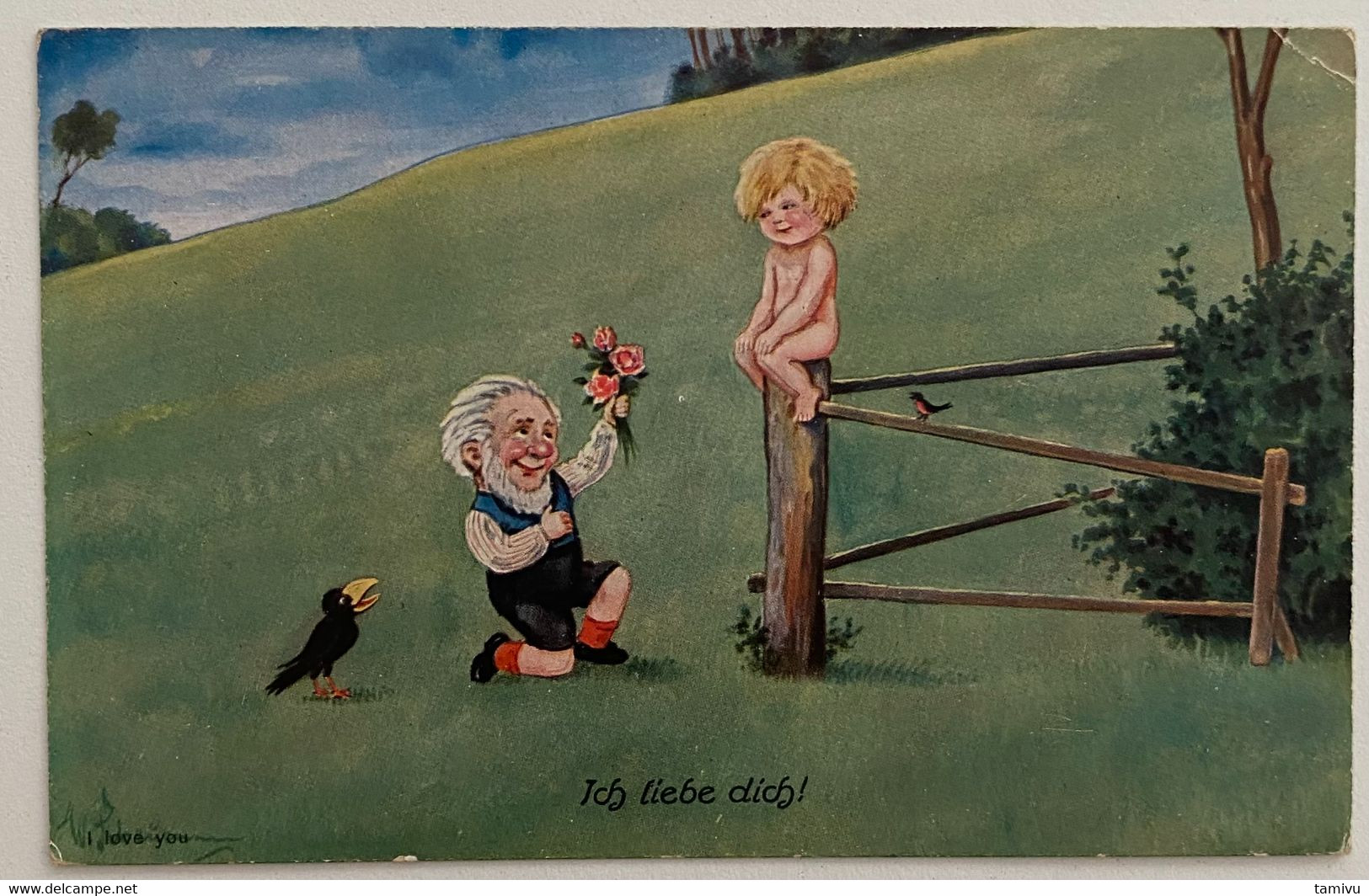 DWARFS ZWERG GNOME, SIGNED W. SCHEUERMANN, I LOVE YOU,  ICH LIEBE DICH, OLD POSTCARD - Scheuermann, Willi