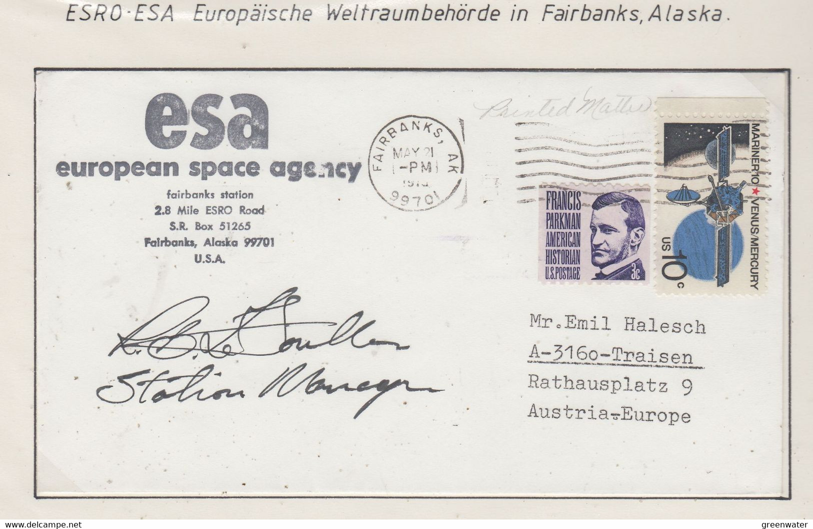 USA Cover ESA European Space Agency Signed Manager  Fairbanks Alaska Ca Fairbanks MAR 21 1975 (FB157A) - Nordamerika