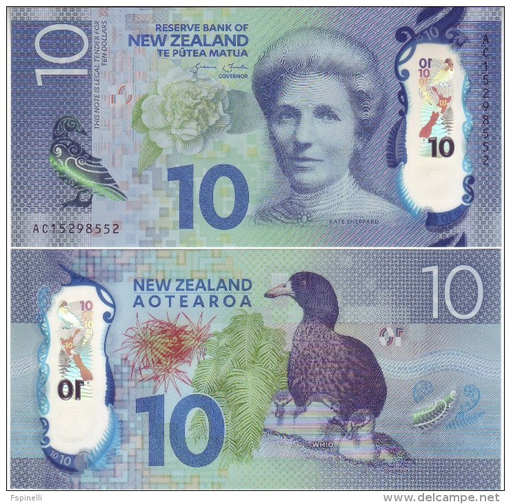 NEW ZEALAND   10 Dollars  Polimer  P192   (2015 Kate Sheppard + Blue Ducks At Back  )    UNC - Nueva Zelandía