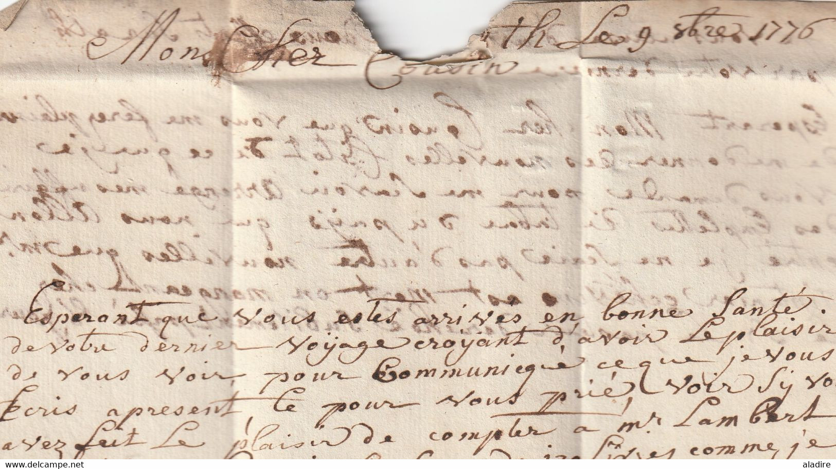 1776 -  lettre pliée avec corresp familiale de 2 p en français de ATH / AAT (marque postale à sec) vers LILLE, France