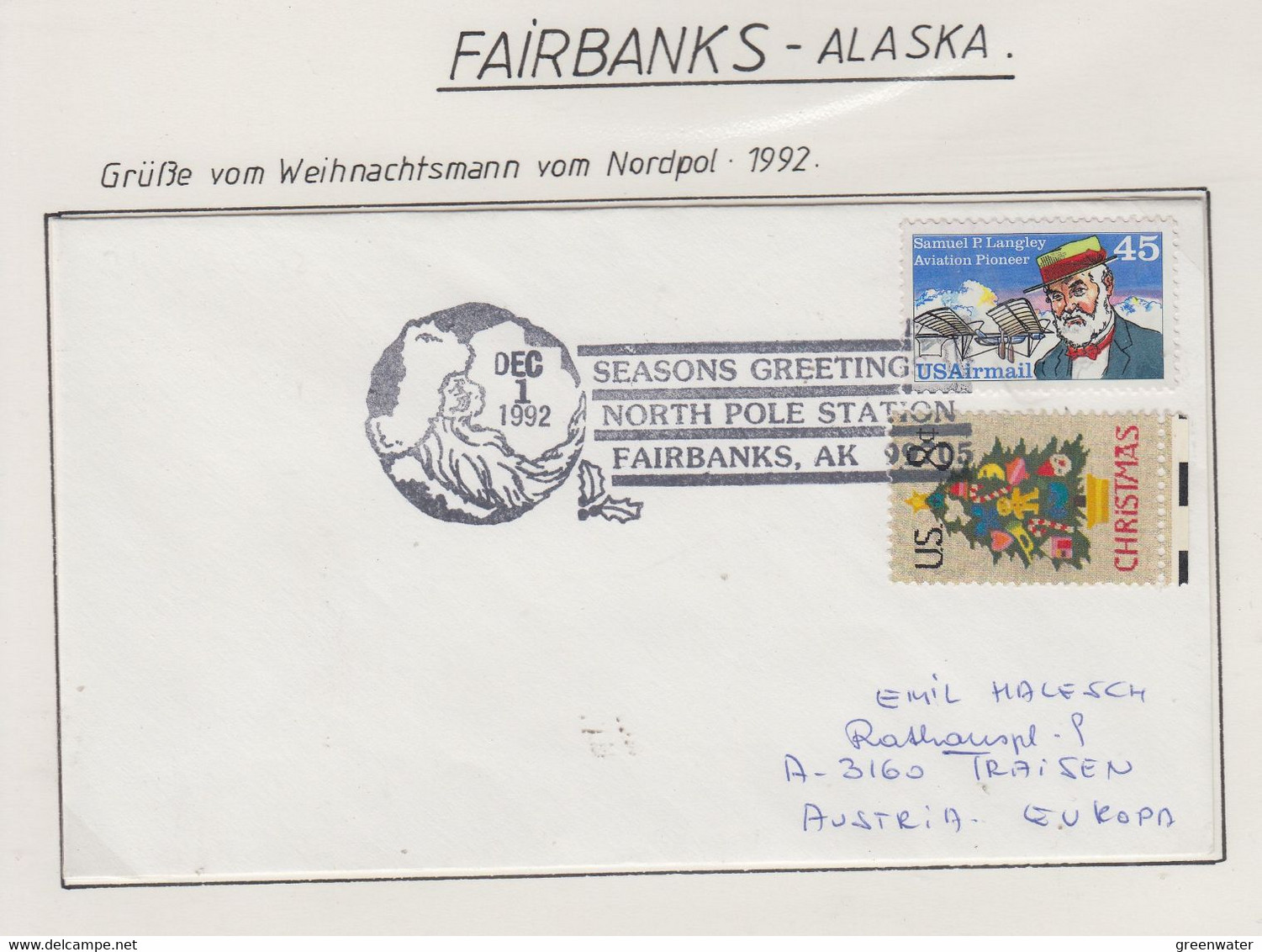 USA Alaska 1992 Cover Seasons Greetings Ca Fairbanks DEC 1 1992  (FB162A) - Events & Gedenkfeiern