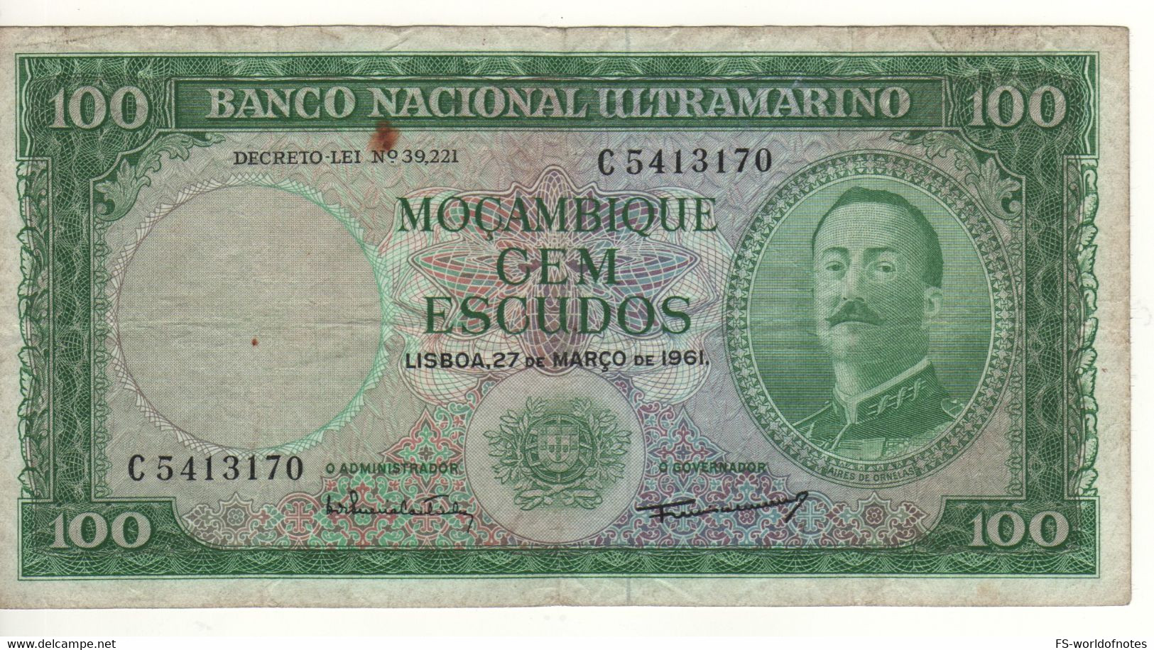 MOZAMBIQUE  100 Escudos  P109a  Dated 27.03.1961  (  Aires De Ornelas ) - Mozambique