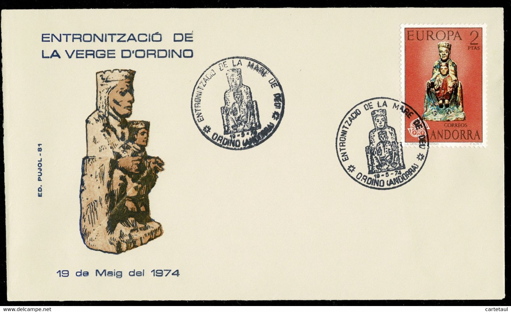 ANDORRE ANDORRA Espagnol Enveloppe édition Locale PUJOL Intronisation De La Marie De Dieu 19-5-1974 - Otros & Sin Clasificación