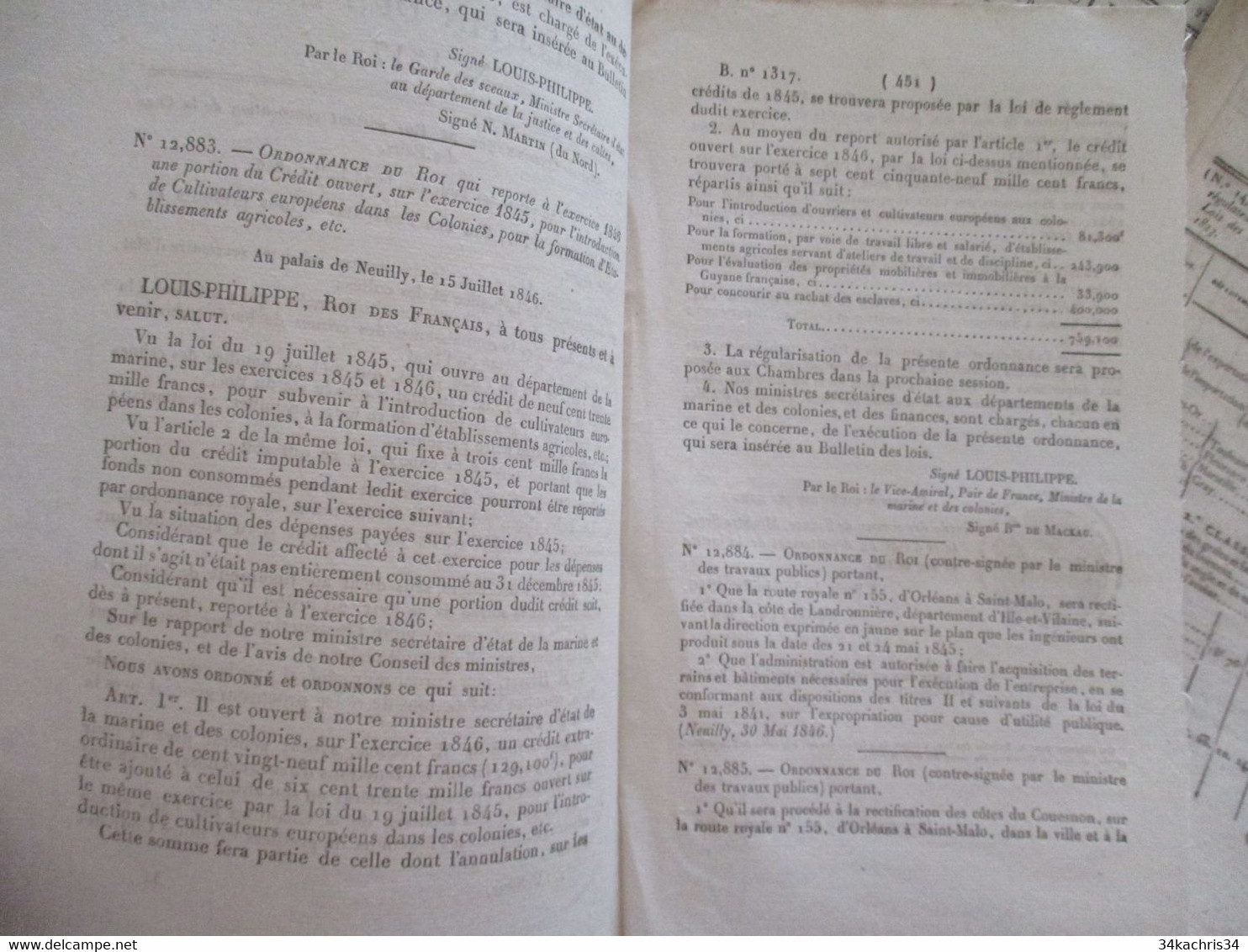 Colonies Algérie, Martinique, Sénégal.... Lot 13 Bulletins De Lois Dans Le Thème 1823  1848 - Décrets & Lois