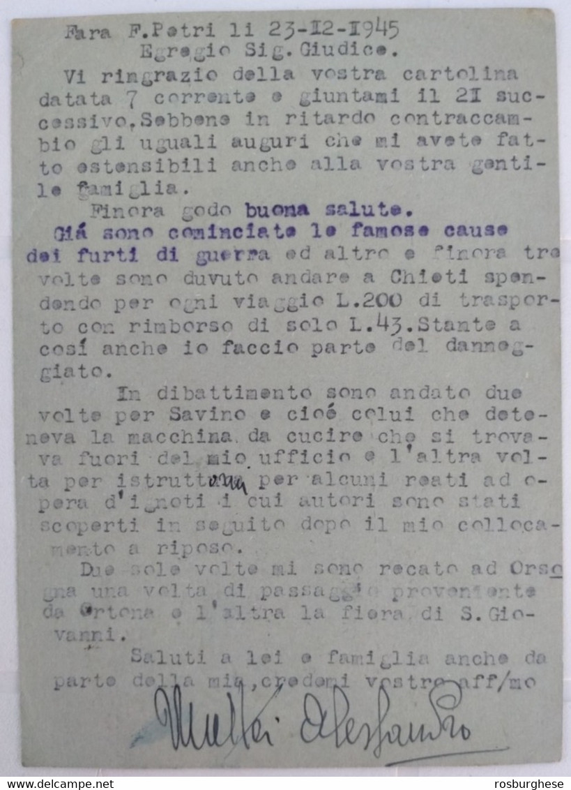 Cartolina Postale 1,20 Centesimi Annullo Fara Filiorum Petri Chieti Civitacampomarano VG 1945 - Interi Postali