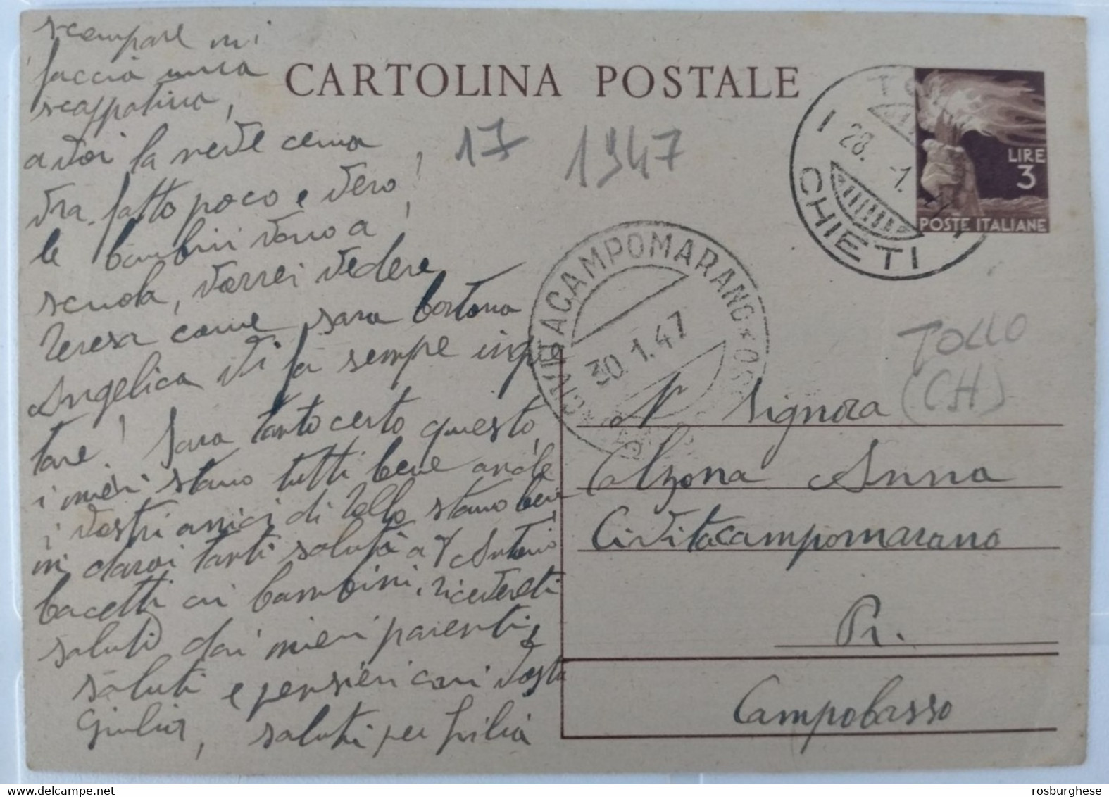 Cartolina Postale 3 Lire Annullo Tollo Chieti Civitacampomarano VG 1947 - Interi Postali