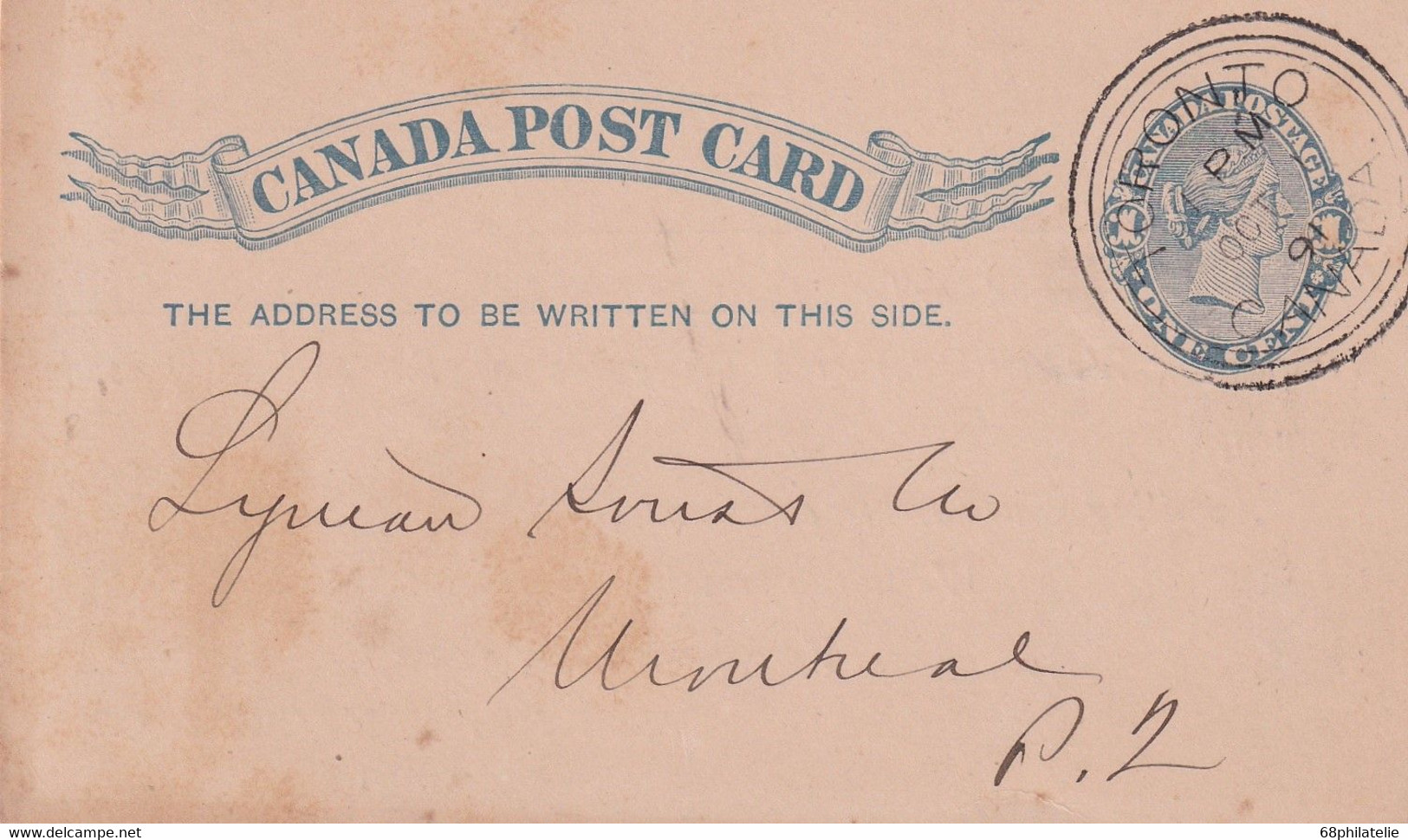 CANADA 1891   ENTIER POSTAL/GANZSACHE/POSTAL STATIONERY CARTE DE TORONTO - 1860-1899 Reign Of Victoria