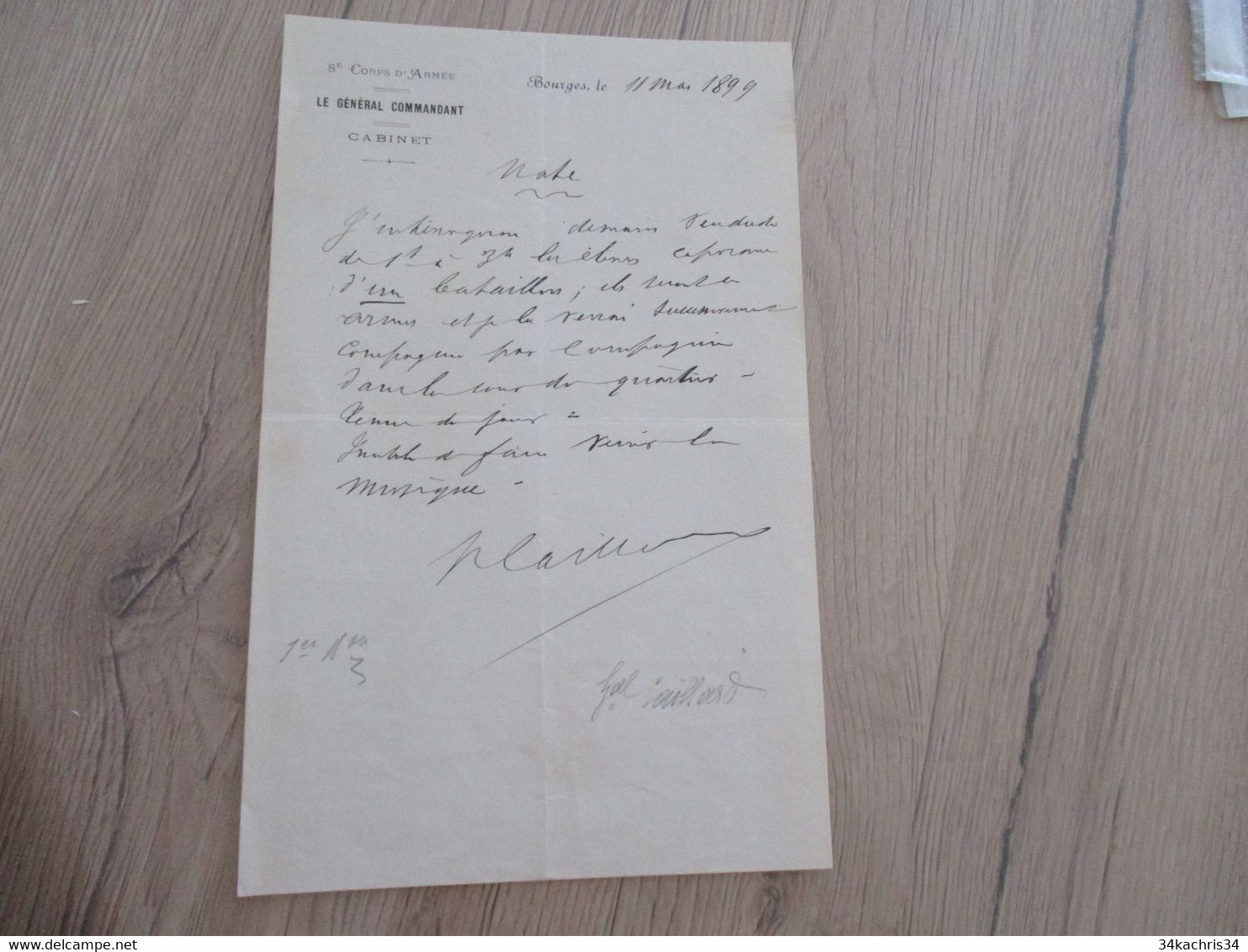LAS Autographe Signée Générale Caillard Bourges 1899 Organisation Bataillon - Other & Unclassified