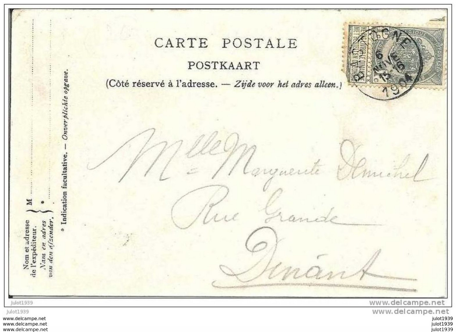 BASTOGNE ---> DINANT ..--  Pensionnat . 1904 Vers DINANT ( Melle Marguerite DEMICHEL ) . Vverso . - Bastogne