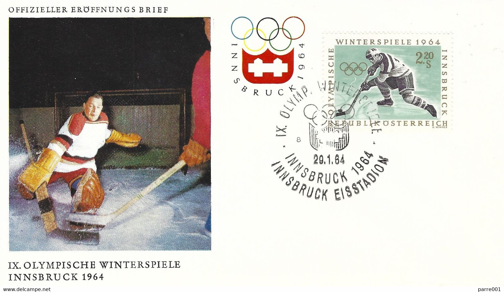 Osterreich Austria 1964 Innsbruck Olympic Games Ice Hockey FDC Cover - Jockey (sobre Hielo)