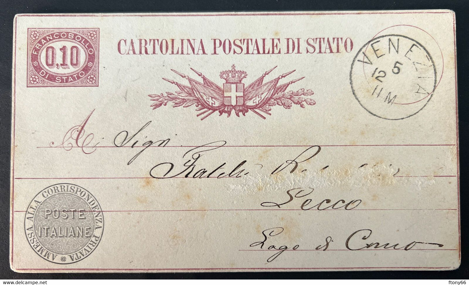 MA22 REGNO CARTOLINA POSTALE DI STATO Cent. 0,10 Viaggiata Da Venezia 1877 - Postwaardestukken
