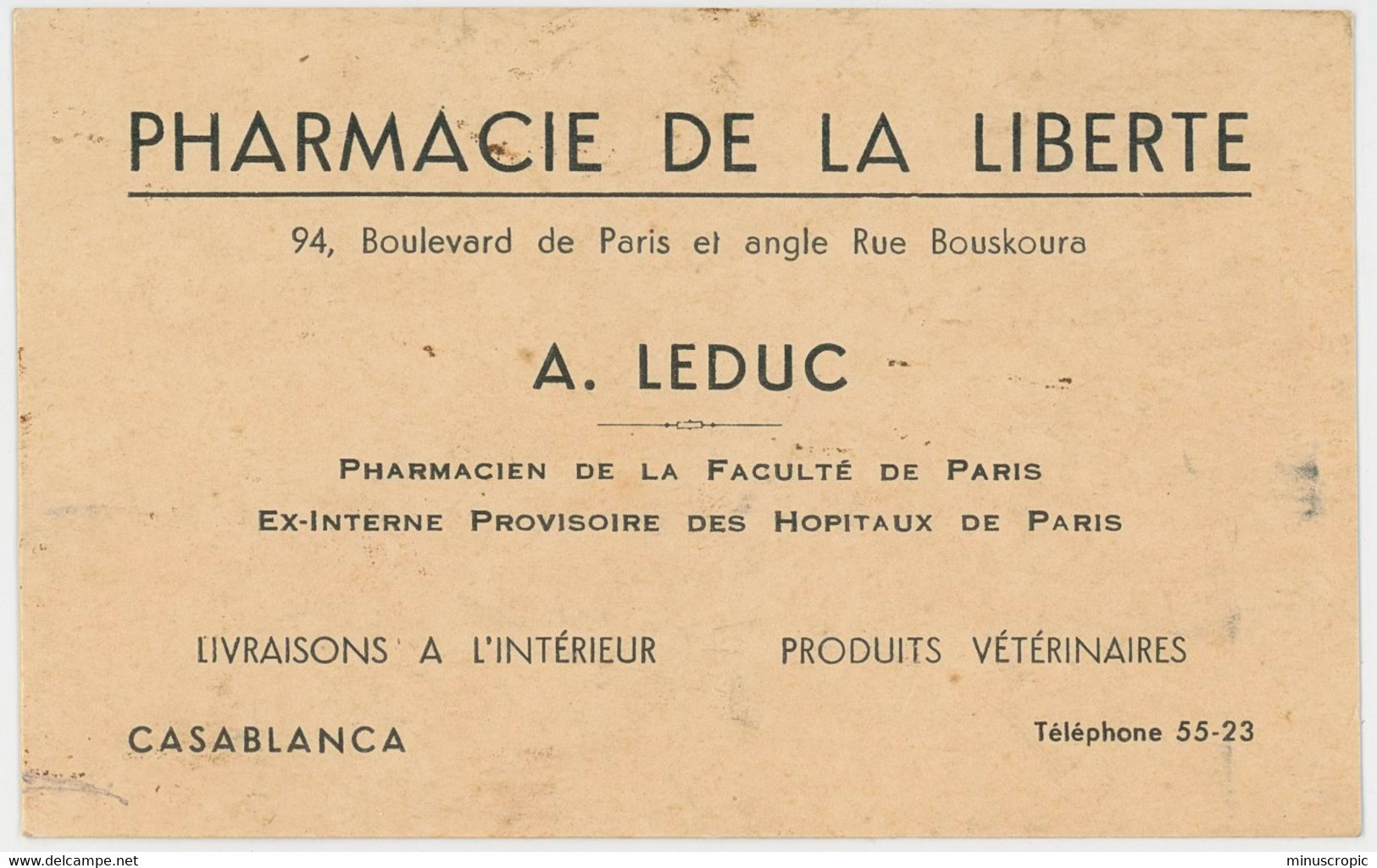 Ancienne Carte De Visite - Pharmacie De La Liberté - A Leduc - Casablanca Maroc - Visitenkarten