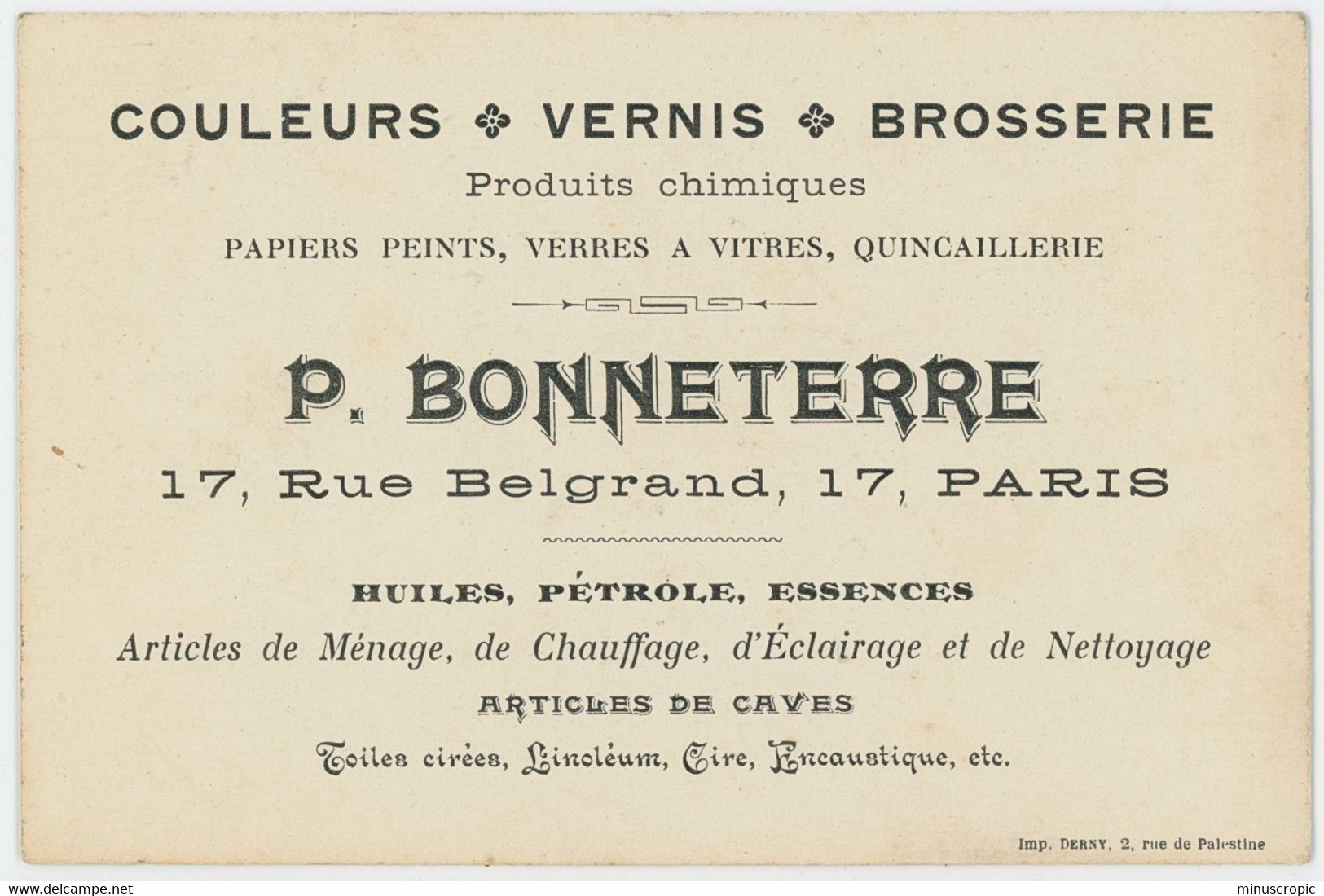 Une Ancienne Carte De Visite - Couleurs Vernis Brosserie - P Bonneterre - Paris - Visiting Cards
