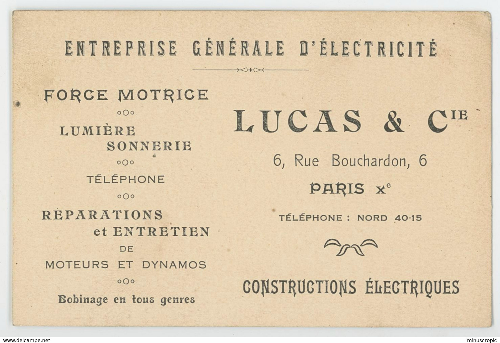 Une Ancienne Carte De Visite - Entreprise D'électricité - Lucas - Paris - Cartes De Visite