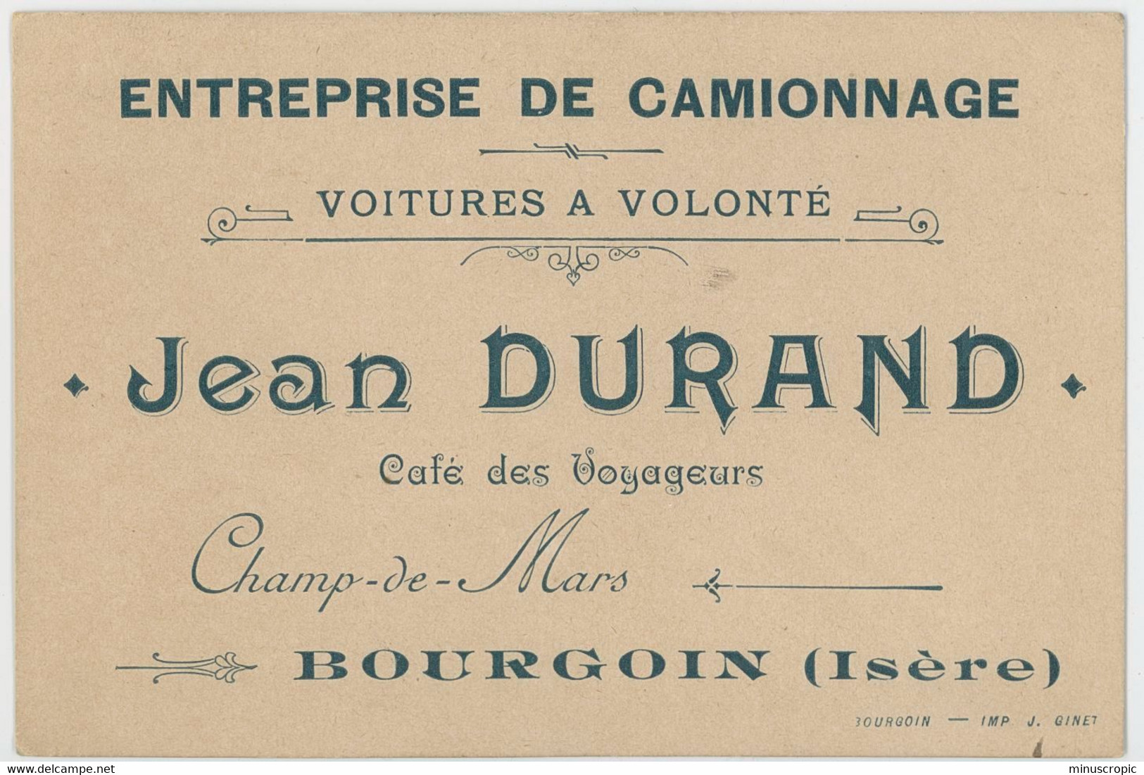Une Ancienne Carte De Visite - Entreprise De Camionnage - Jean Durand - Bourgoin - Cartes De Visite