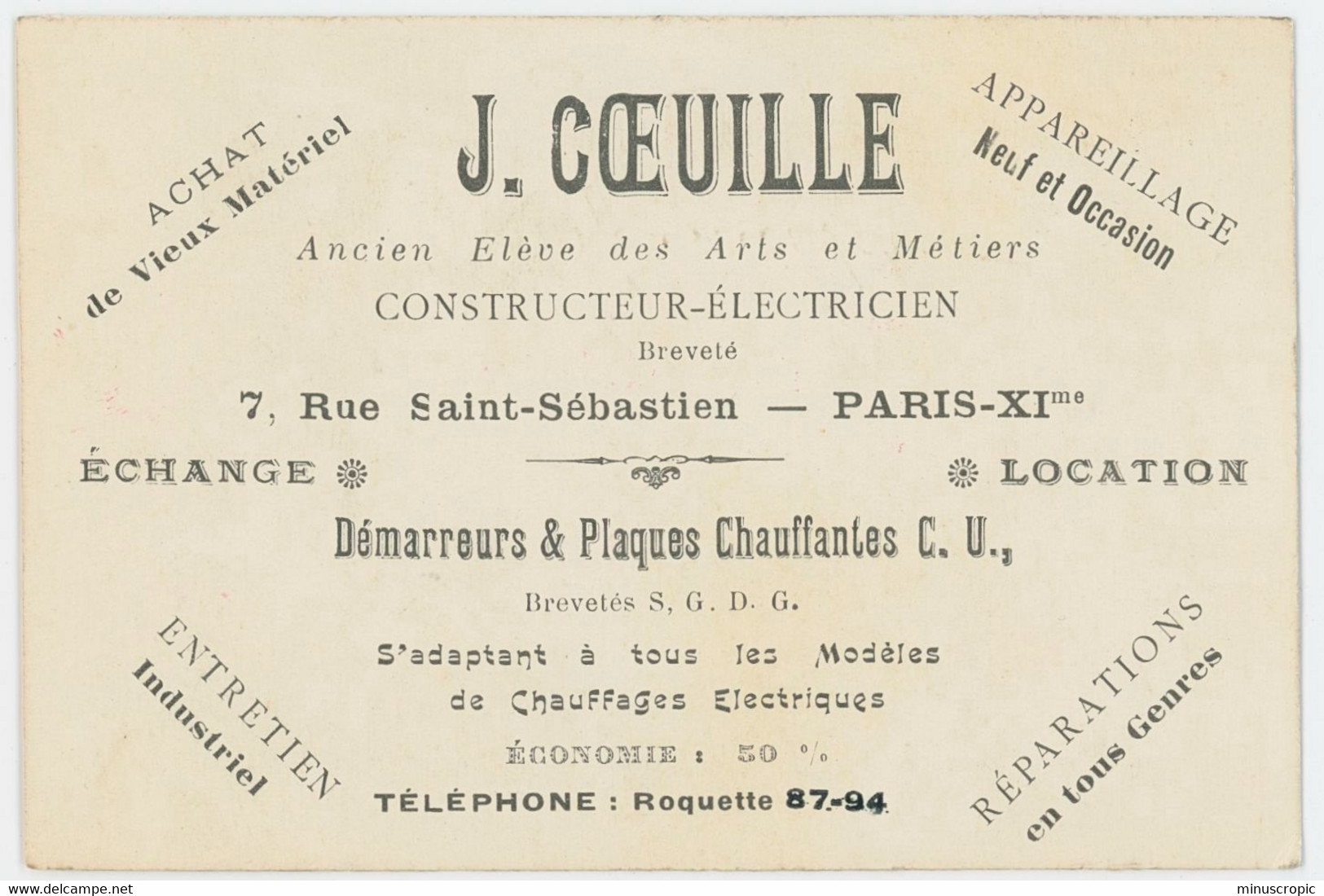 Une Ancienne Carte De Visite - Constructeur Electricien - J Coeuille - Paris - Visitekaartjes