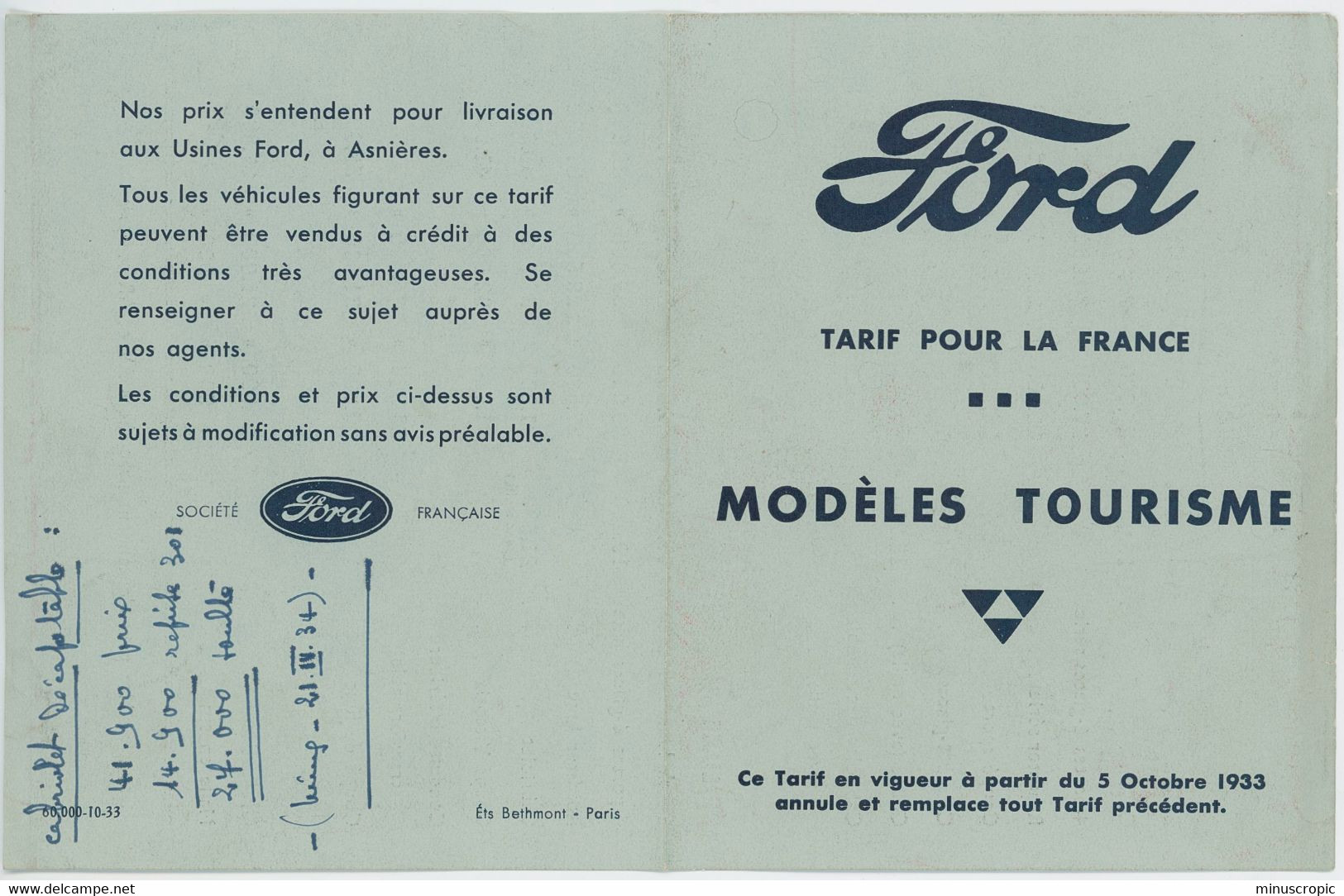 Ford - Tarifs Pour La France - Modèles Tourisme - 1933 - Automobil