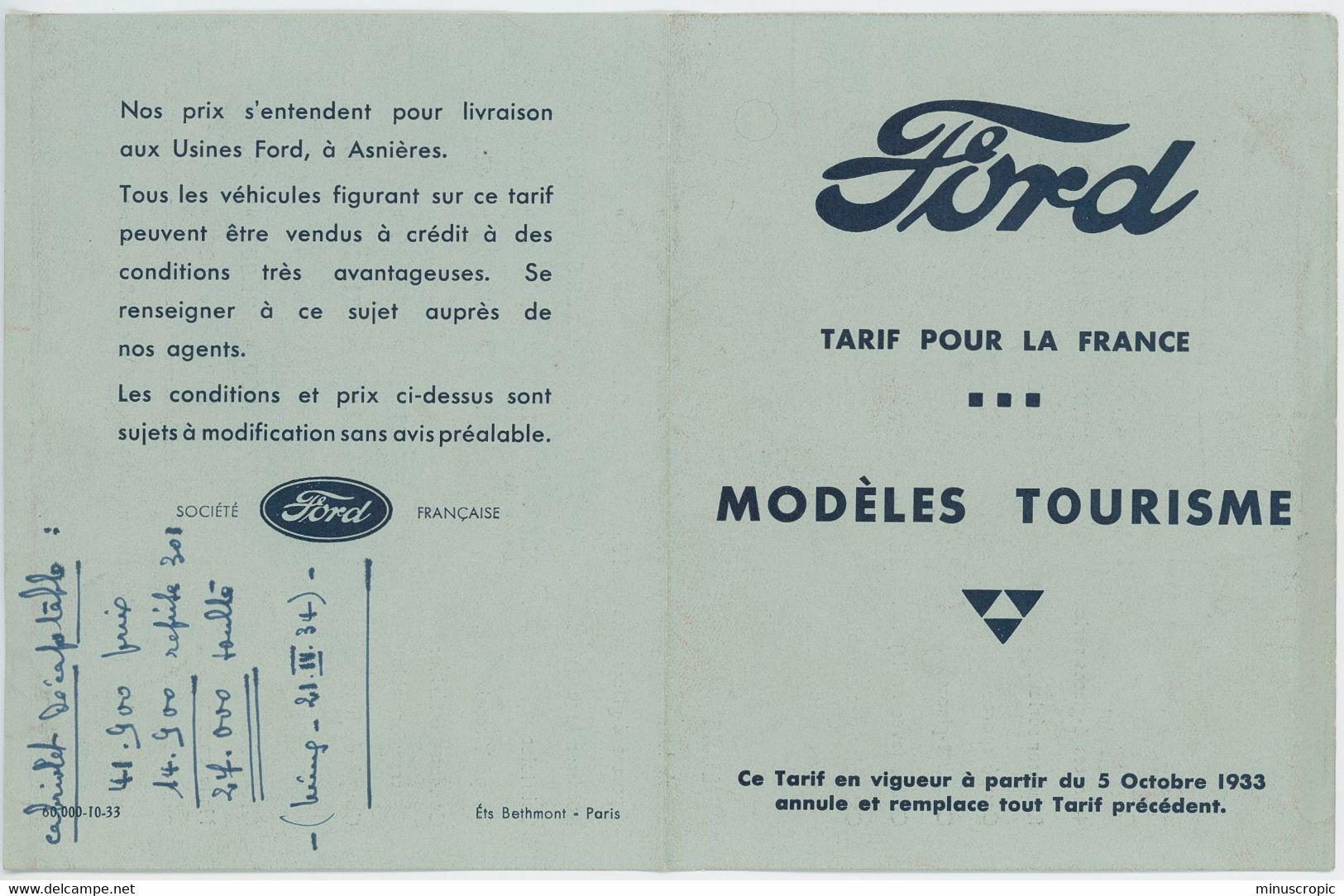 Ford - Tarifs Pour La France - Modèles Tourisme - 1933 - Automobile